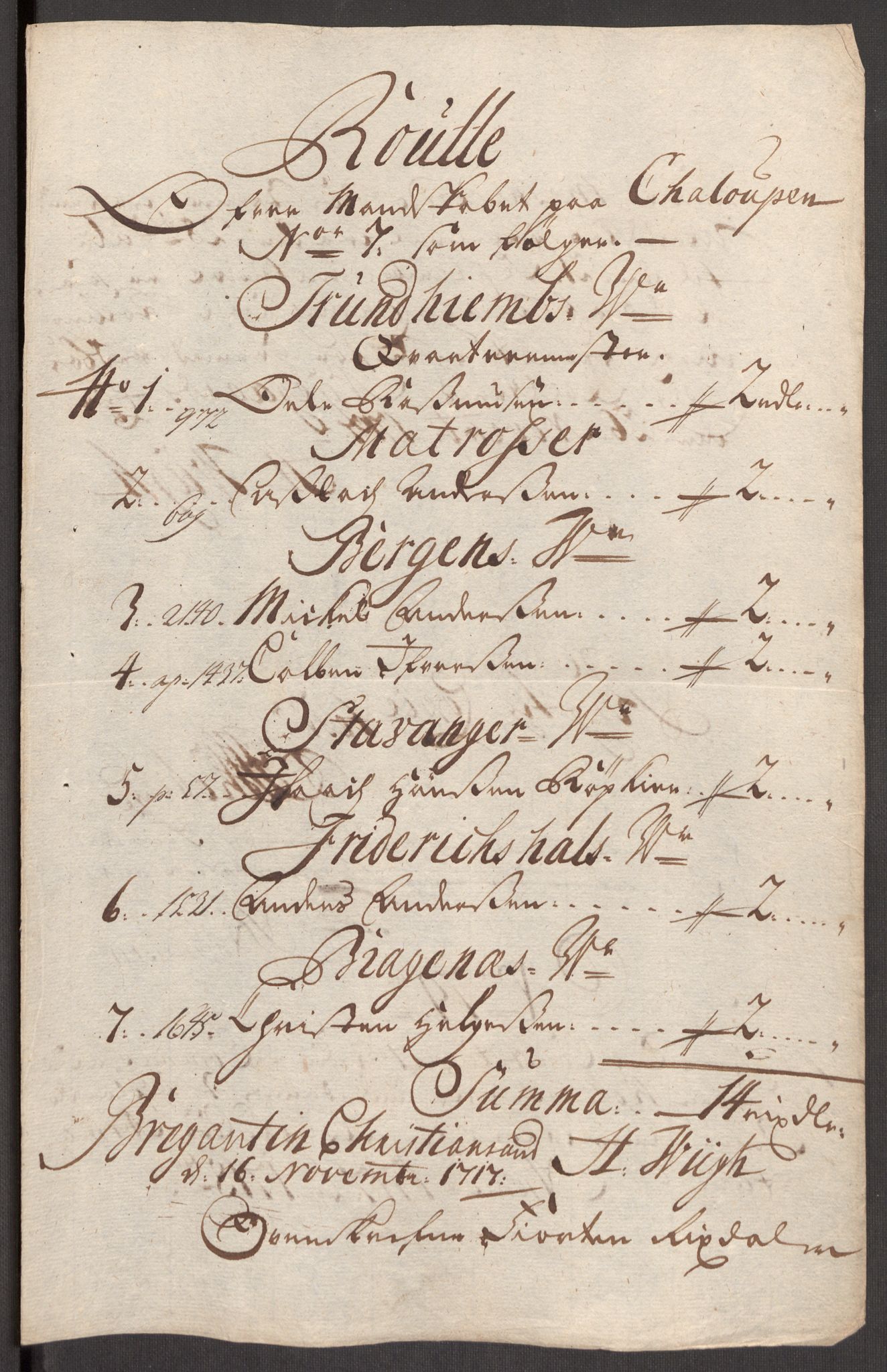 Kommanderende general (KG I) med Det norske krigsdirektorium, AV/RA-EA-5419/E/Eb/L0001: Ruller over noen kompanier som tjenestegjorde på flåten, 1712-1721, p. 503