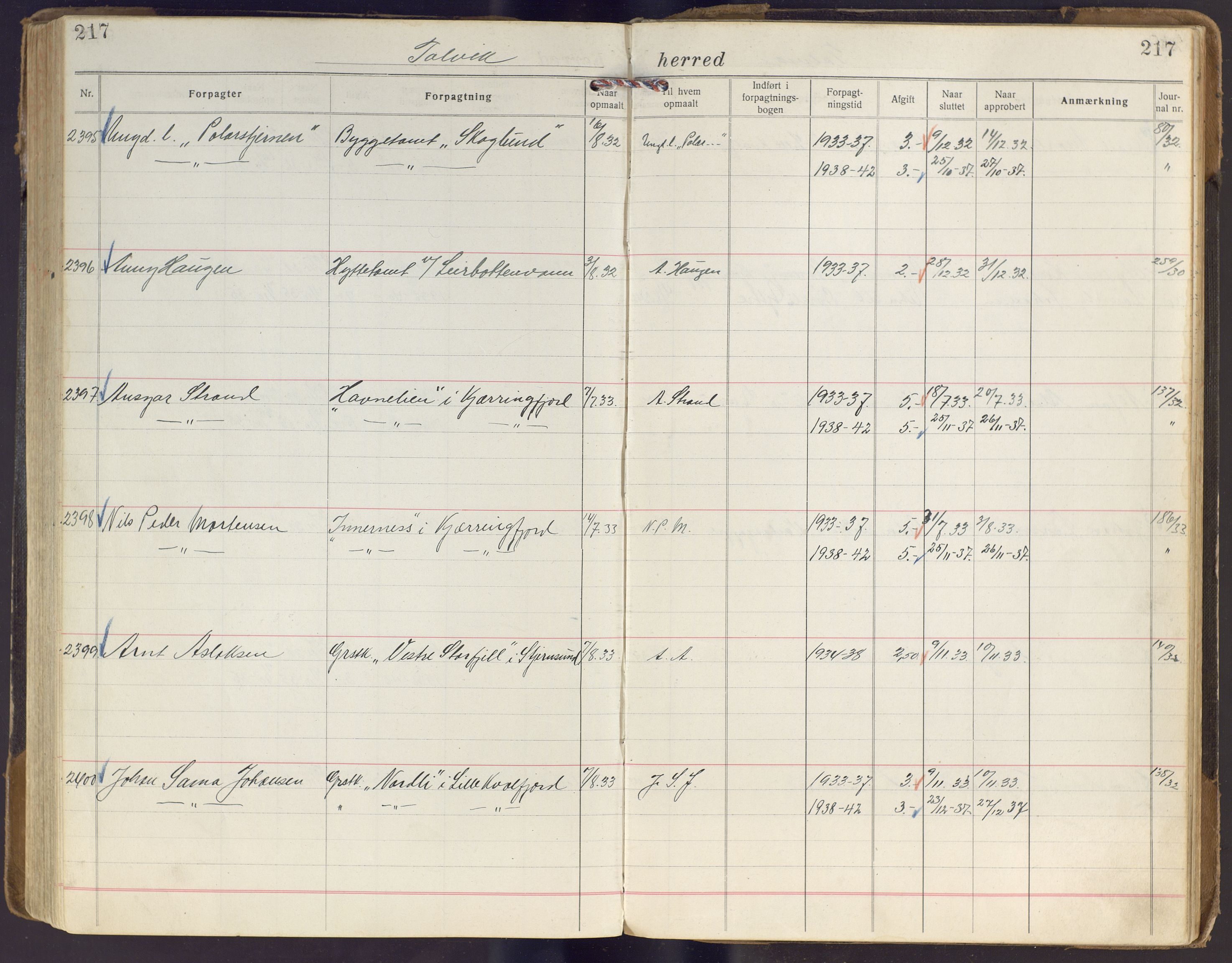 Finnmark jordsalgskommisjon/jordsalgskontor og Statskog SF Finnmark jordsalgskontor, AV/SATØ-S-1443/J/Ja/L0005: Forpaktningsbok for Finnmark I, 1913-1937, p. 217