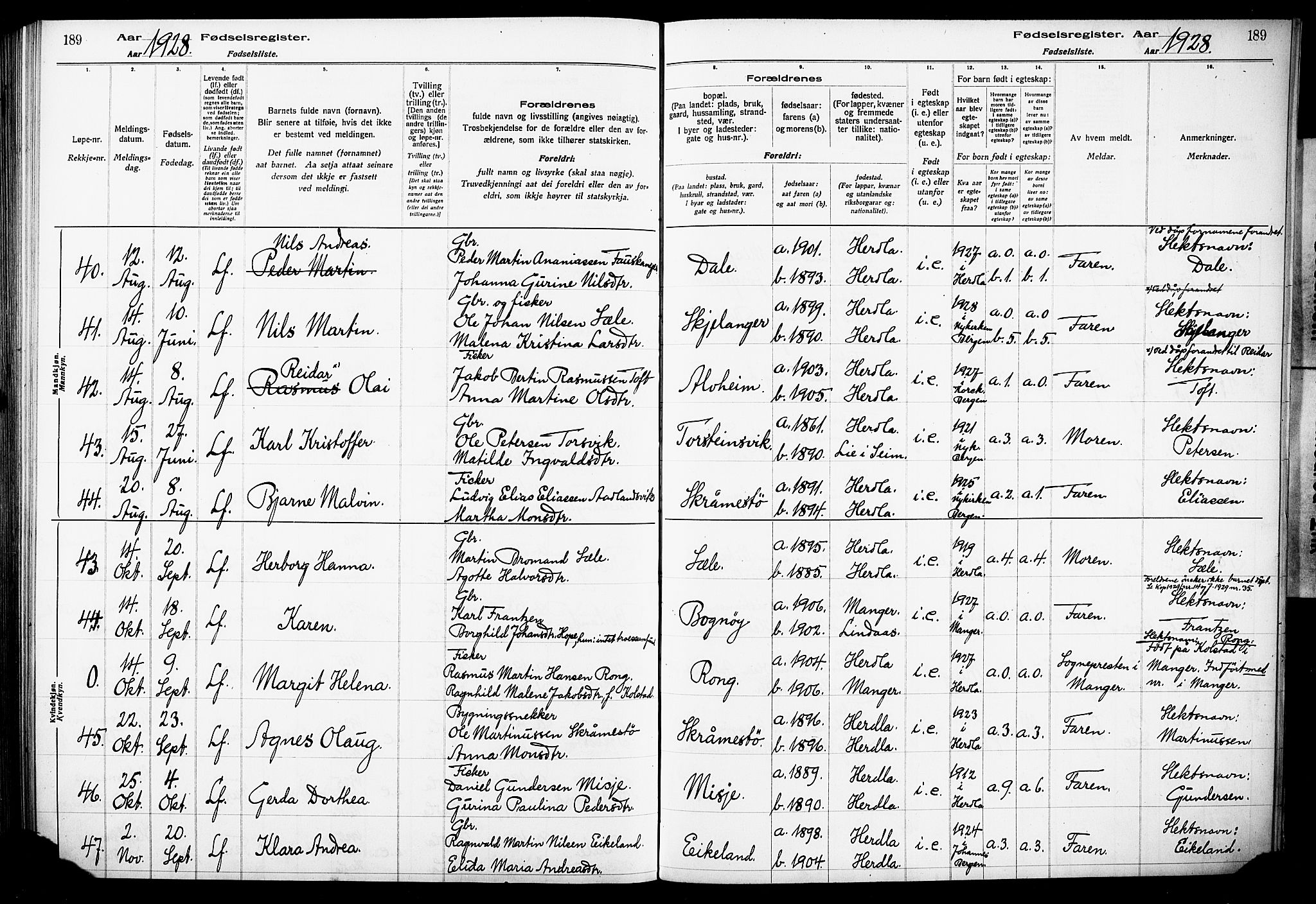 Herdla Sokneprestembete, AV/SAB-A-75701/I/Id/L00A1: Birth register no. A 1, 1916-1929, p. 189