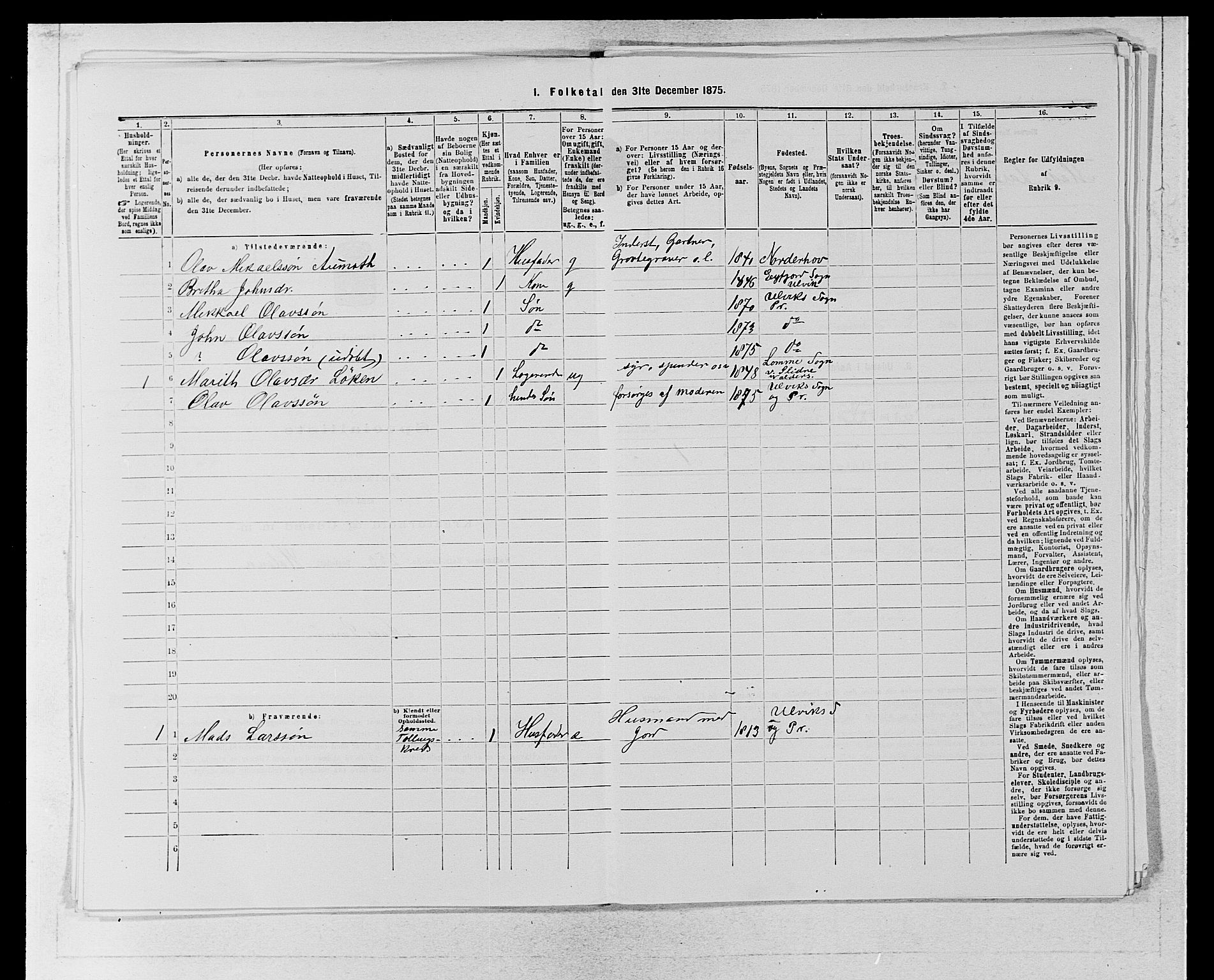 SAB, 1875 census for 1233P Ulvik, 1875, p. 392