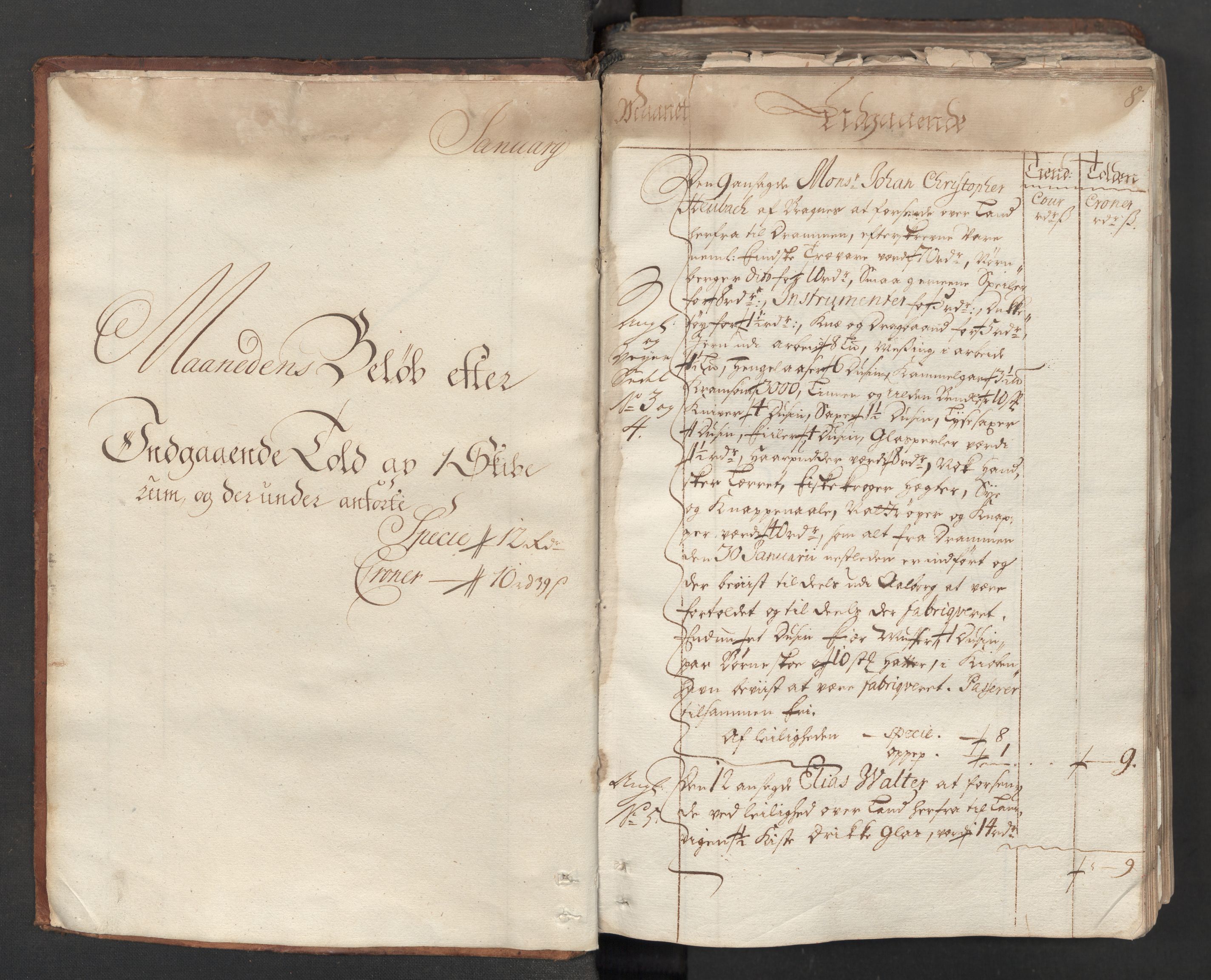 Generaltollkammeret, tollregnskaper, AV/RA-EA-5490/R06/L0012/0001: Tollregnskaper Kristiania / Hovedtollbok, 1731, p. 7b-8a