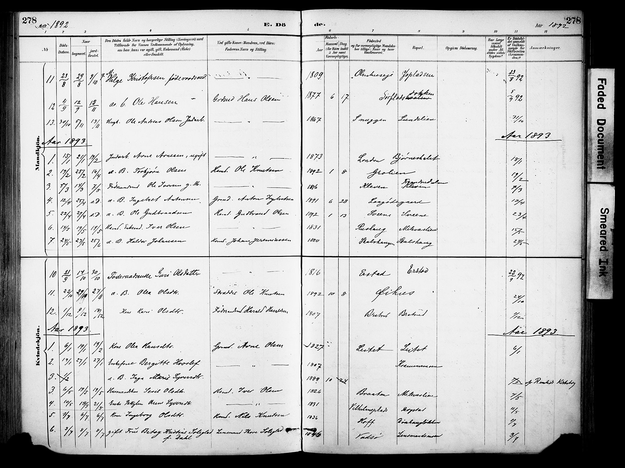 Sør-Aurdal prestekontor, SAH/PREST-128/H/Ha/Haa/L0009: Parish register (official) no. 9, 1886-1906, p. 278