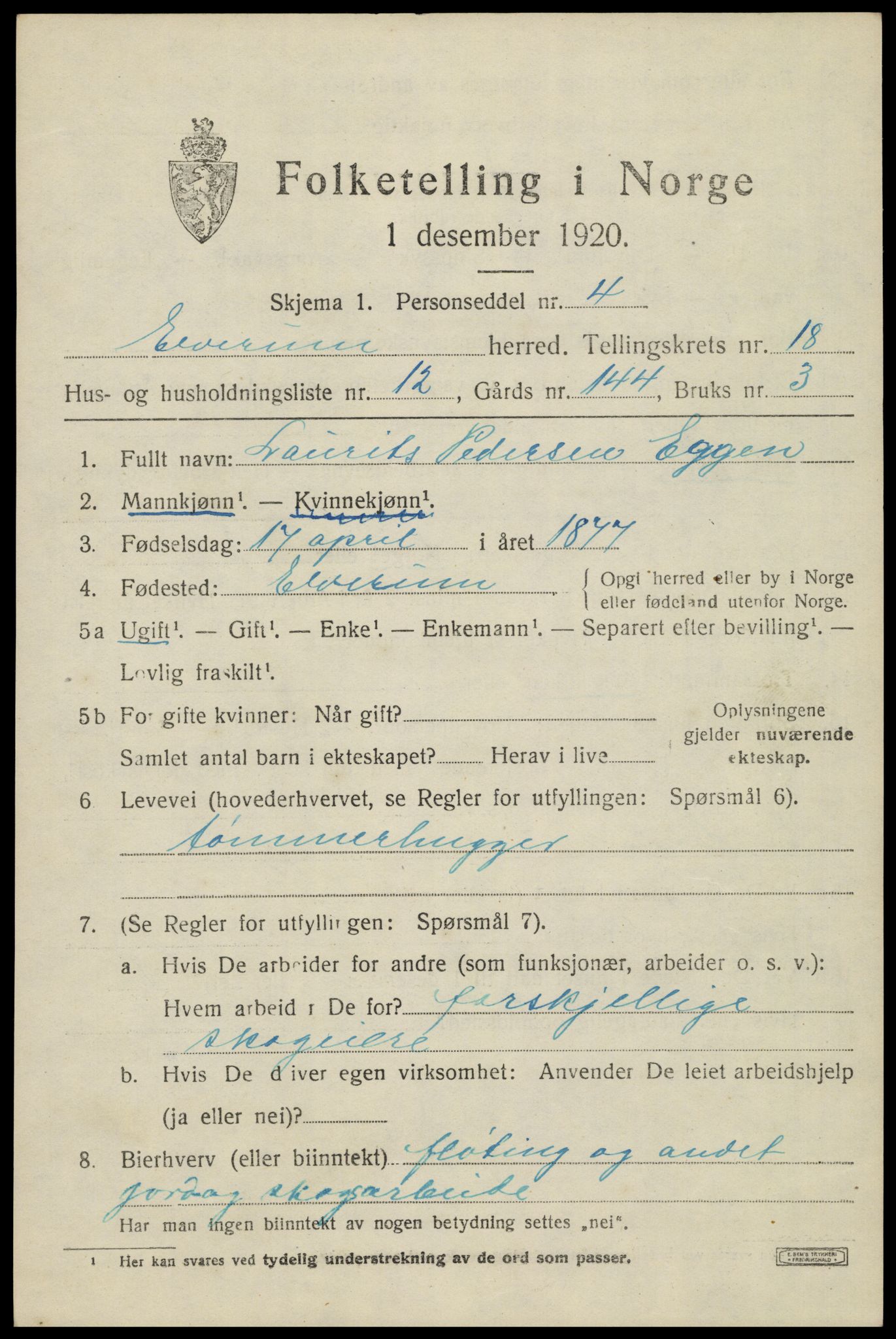 SAH, 1920 census for Elverum, 1920, p. 22210