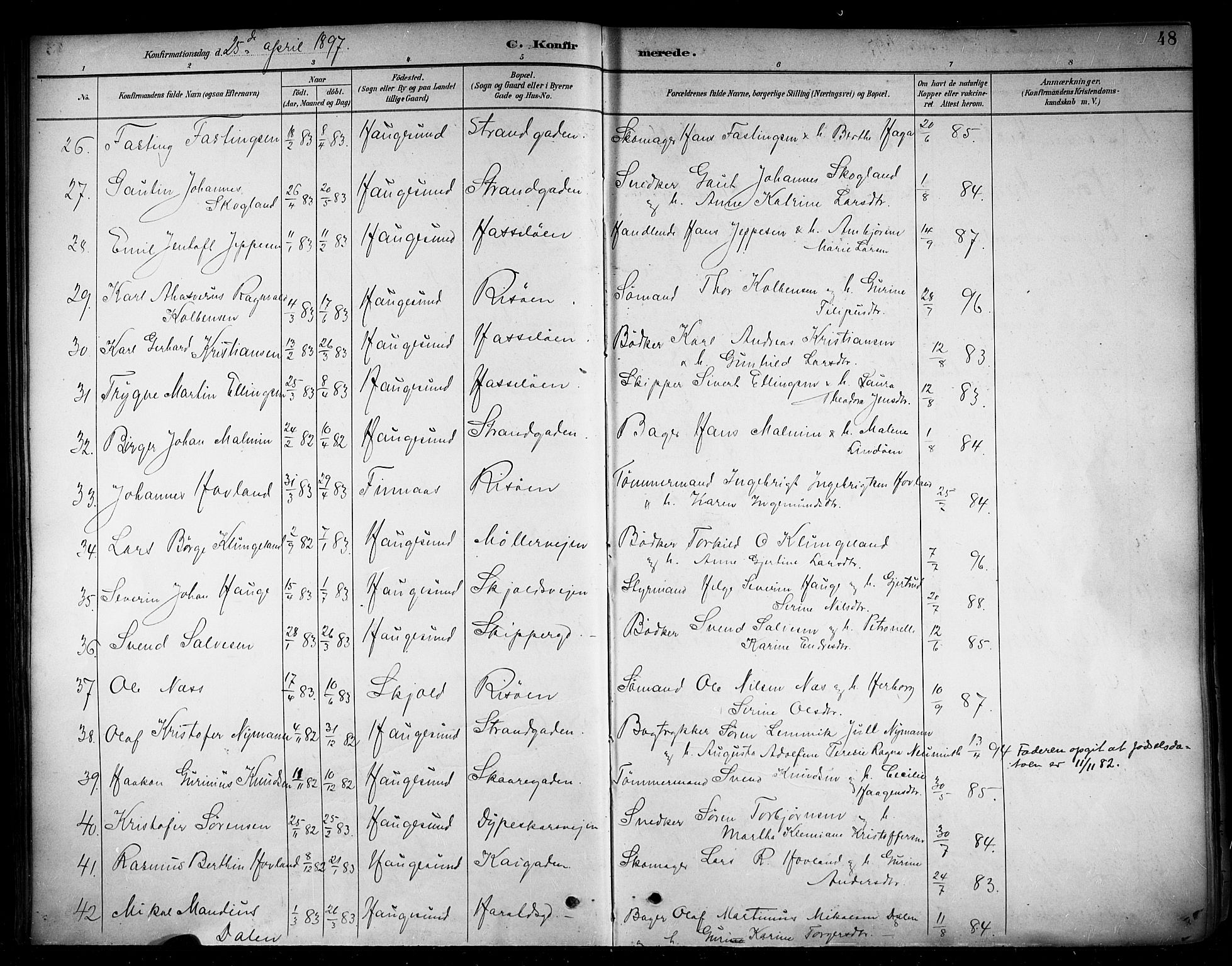 Haugesund sokneprestkontor, AV/SAST-A -101863/H/Ha/Haa/L0005: Parish register (official) no. A 5, 1891-1903, p. 48