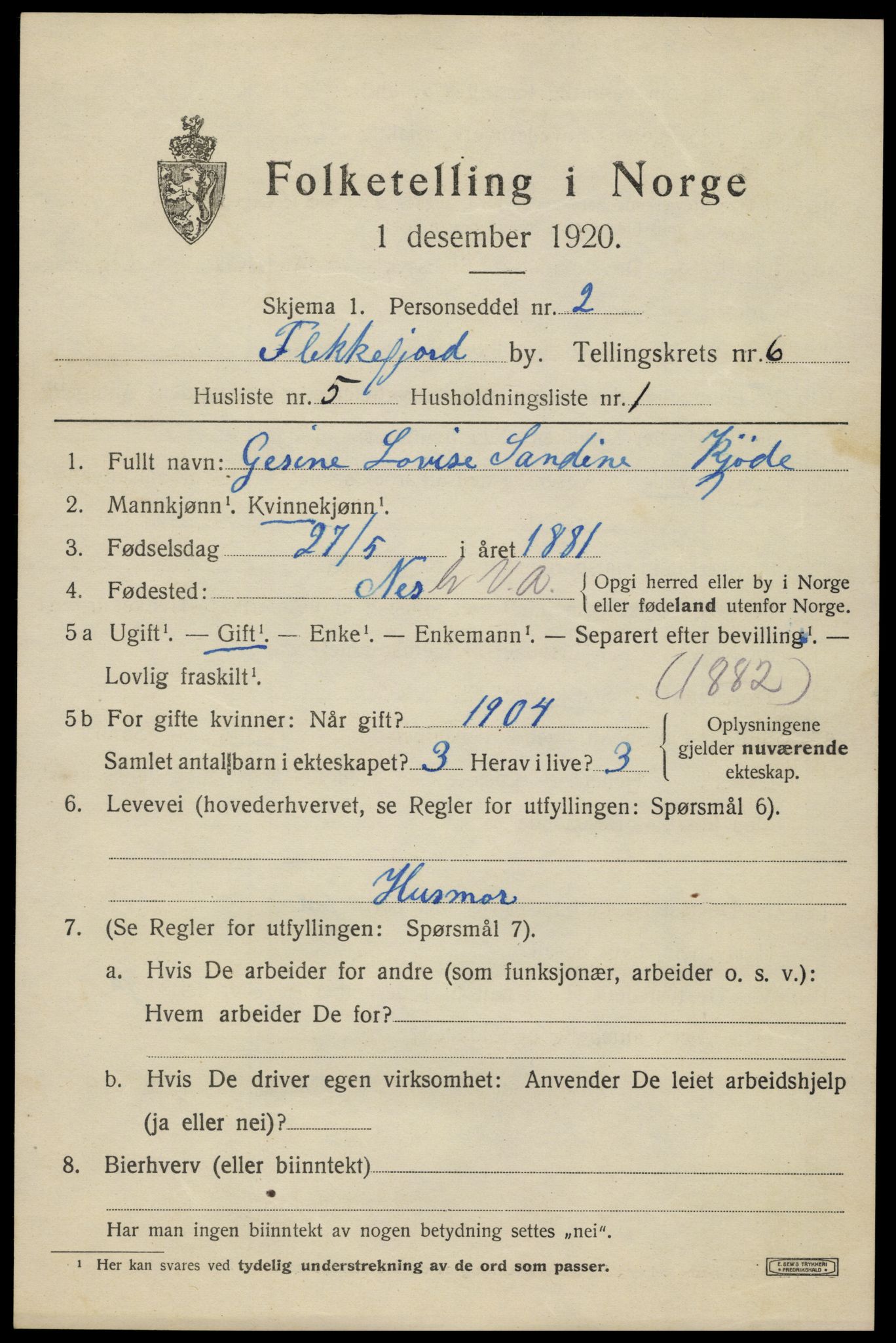 SAK, 1920 census for Flekkefjord, 1920, p. 5804