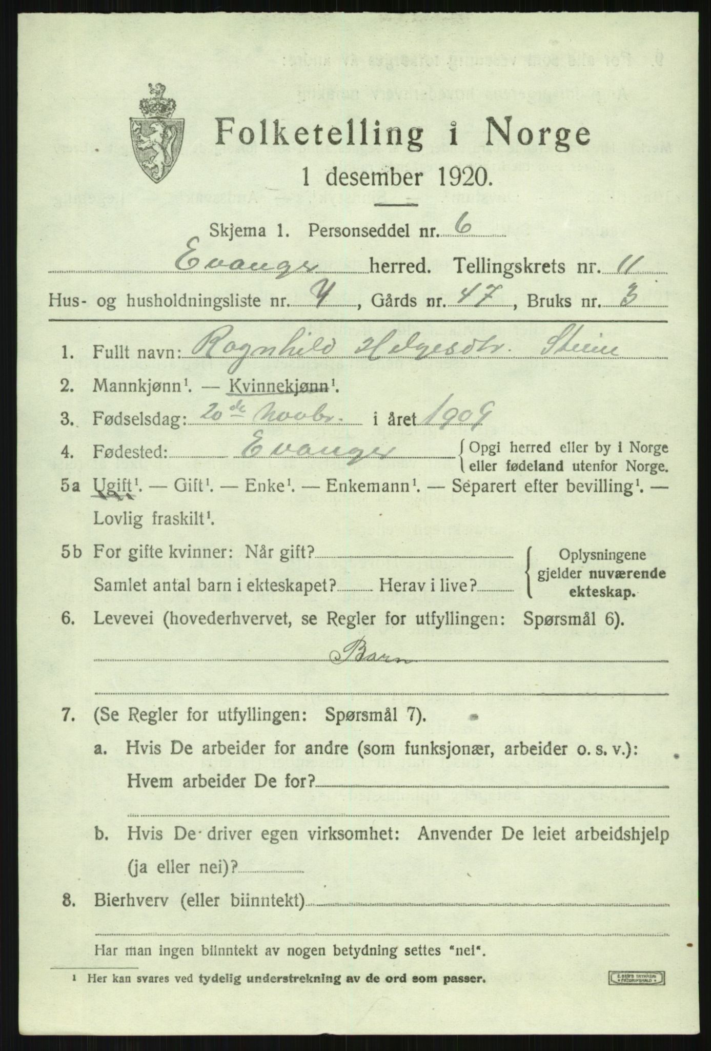 SAB, 1920 census for Evanger, 1920, p. 3643