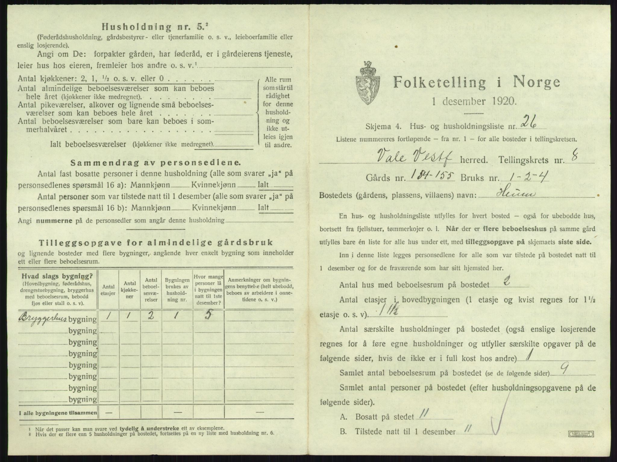 SAKO, 1920 census for Våle, 1920, p. 1024