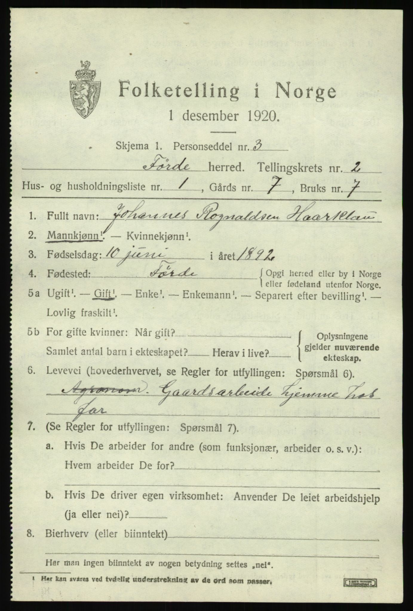 SAB, 1920 census for Førde, 1920, p. 1420