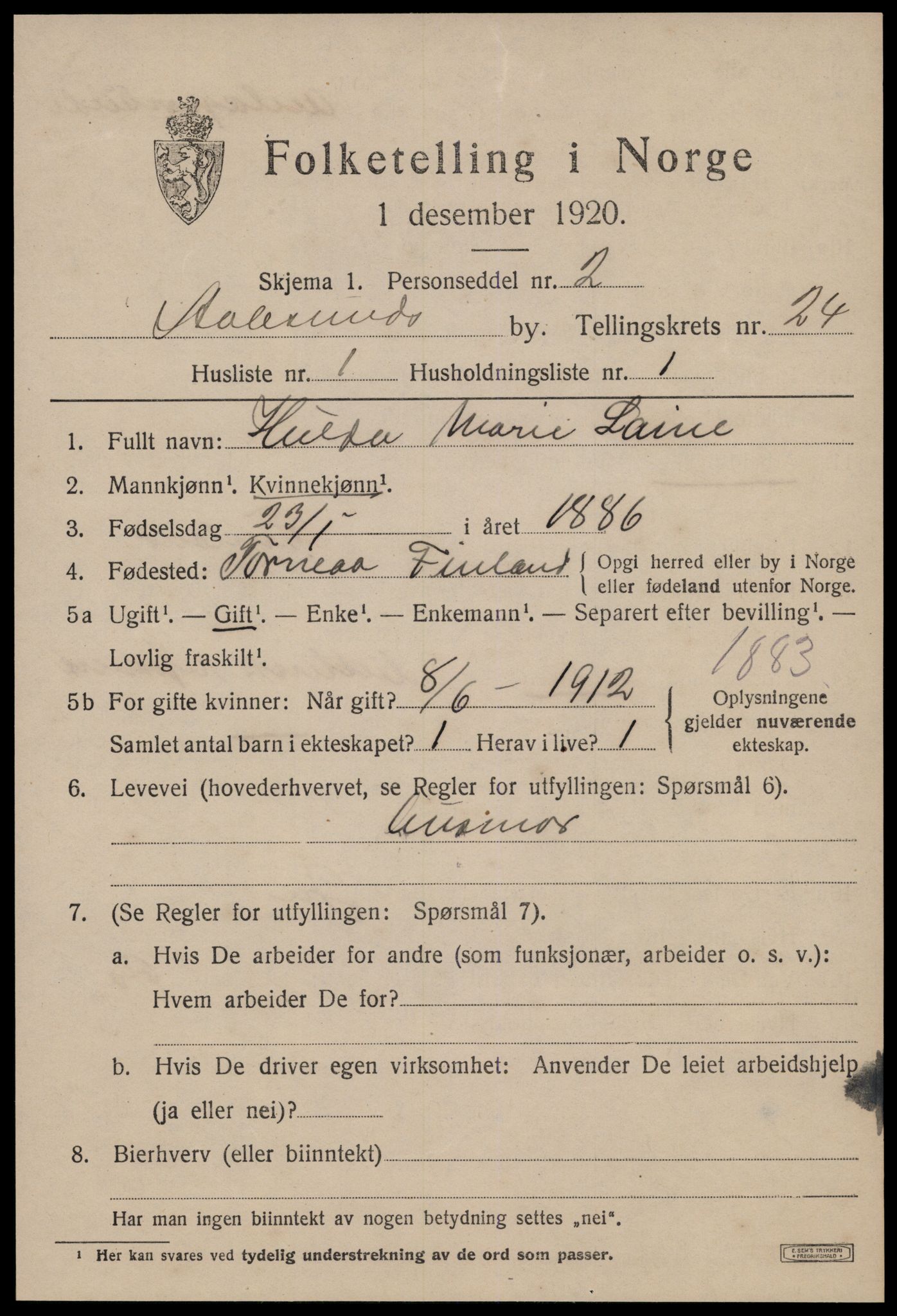 SAT, 1920 census for Ålesund, 1920, p. 43220