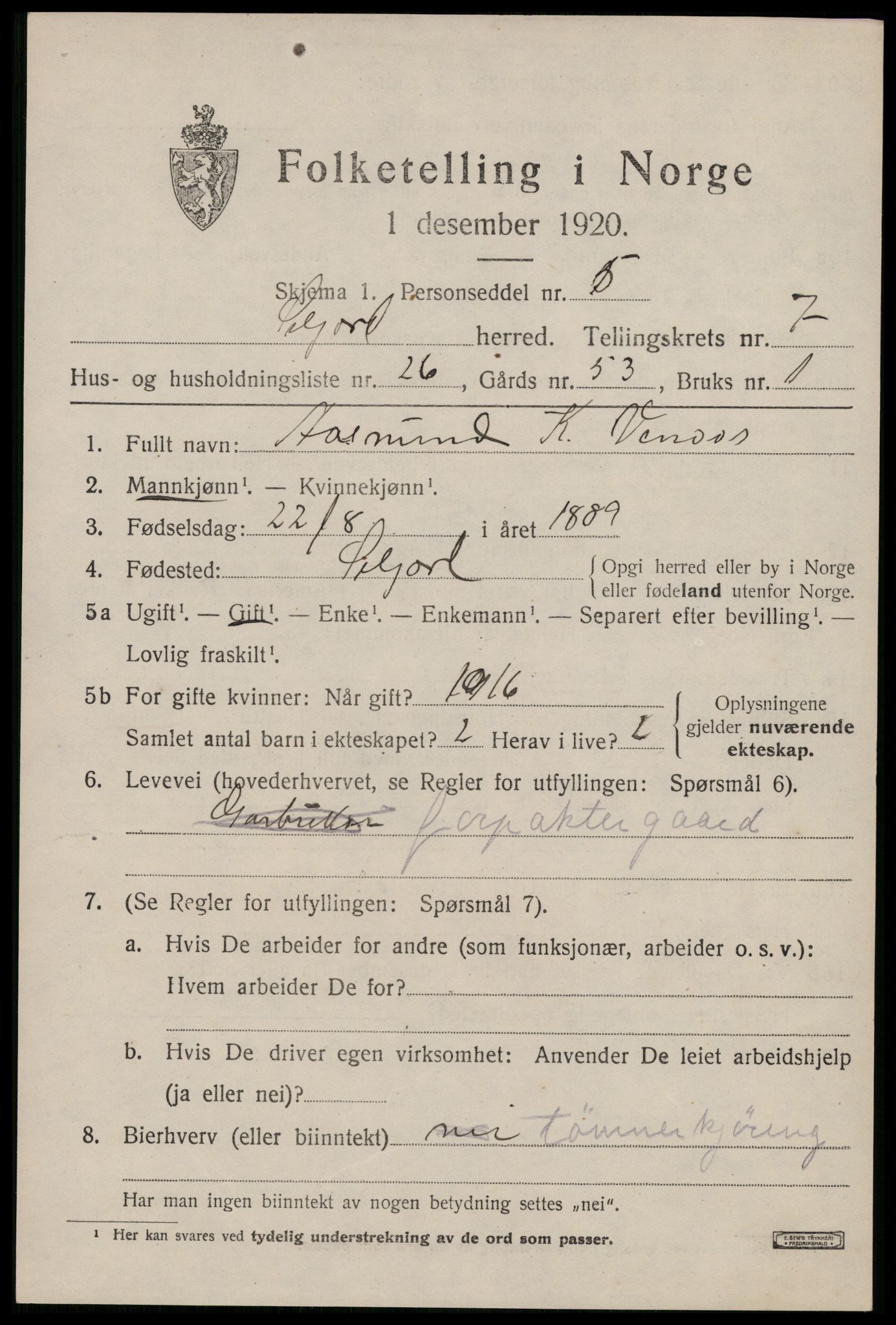 SAKO, 1920 census for Seljord, 1920, p. 3886