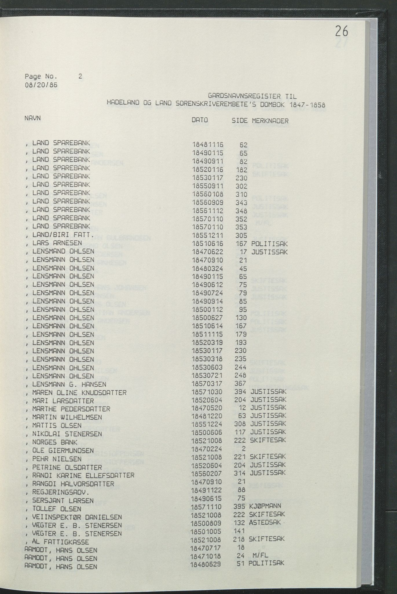 Statsarkivet i Hamar, AV/SAH-SAH-001/H/Hb/L0001/0004: Egne registre og hjelpemidler / Register  til Hadeland og Land sorenskriveri dombok 1 (1847 - 1858), 1847-1858, p. 26