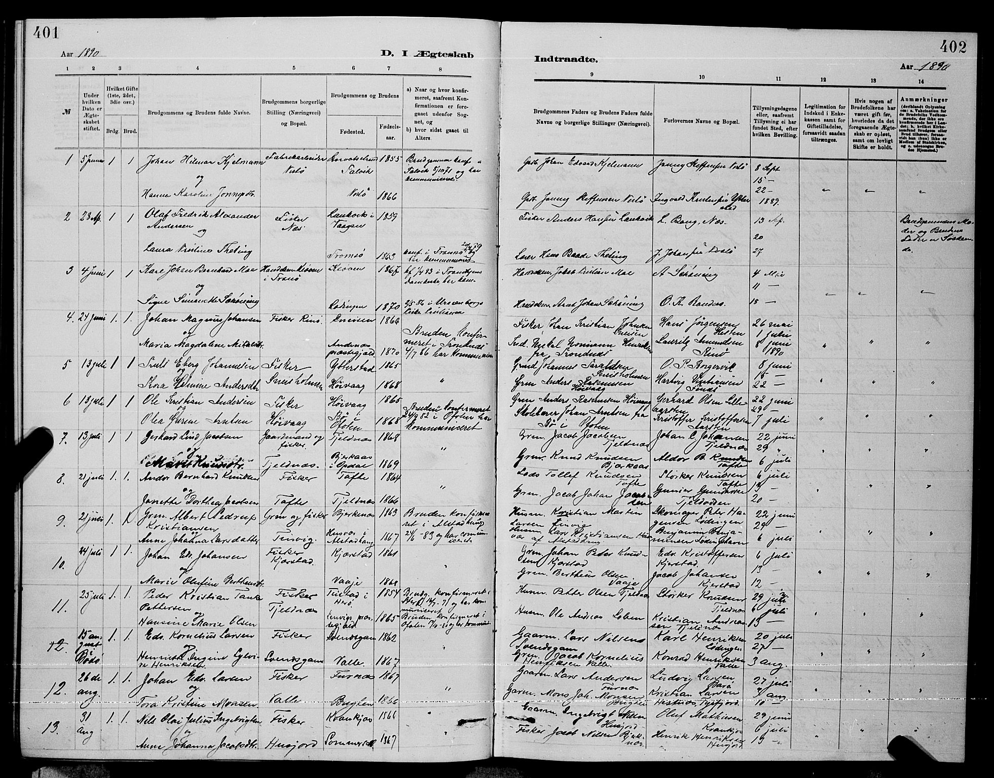 Ministerialprotokoller, klokkerbøker og fødselsregistre - Nordland, AV/SAT-A-1459/872/L1047: Parish register (copy) no. 872C03, 1880-1897, p. 401-402