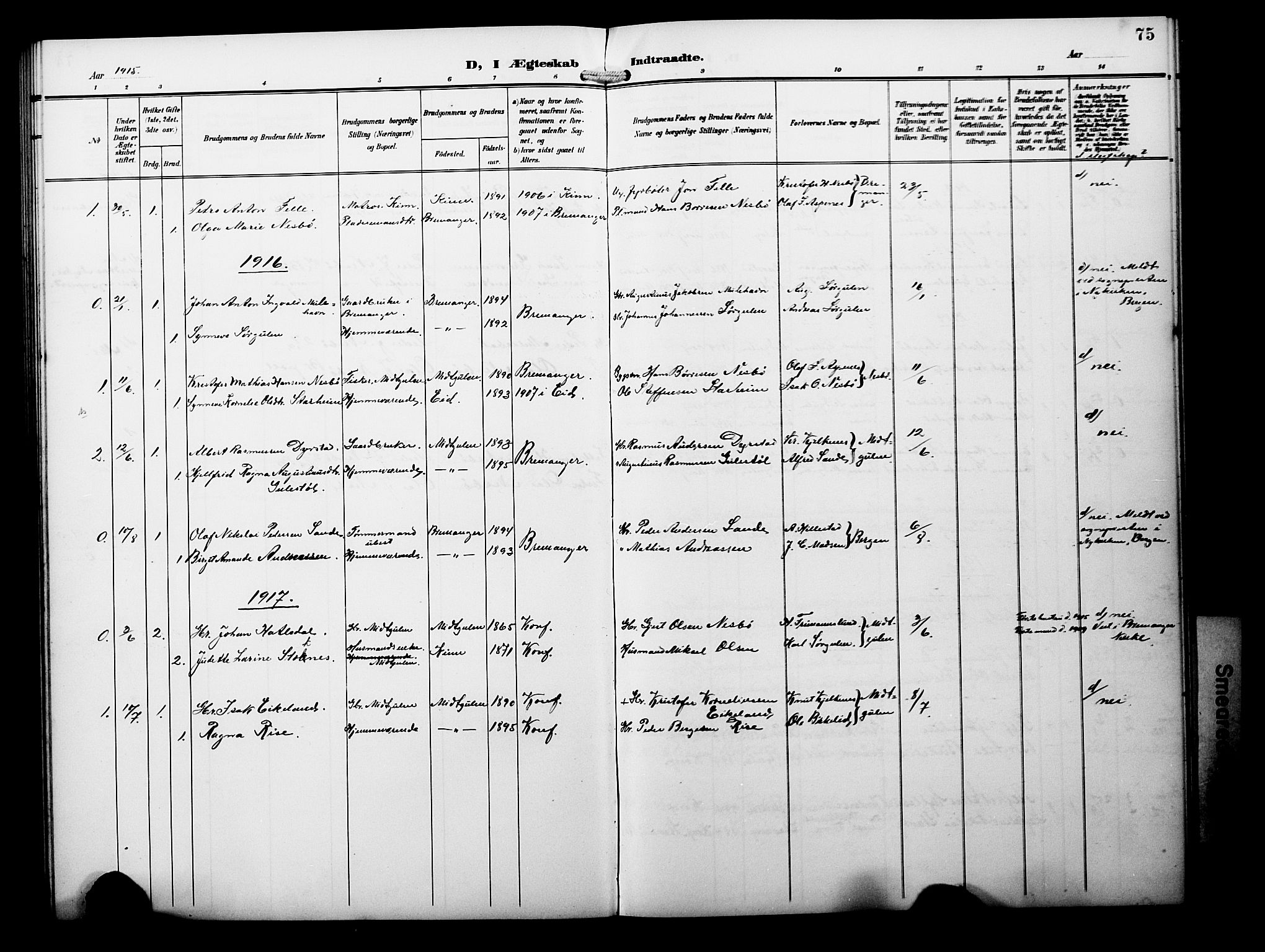 Davik sokneprestembete, SAB/A-79701/H/Hab/Habb/L0001: Parish register (copy) no. B 1, 1903-1928, p. 75