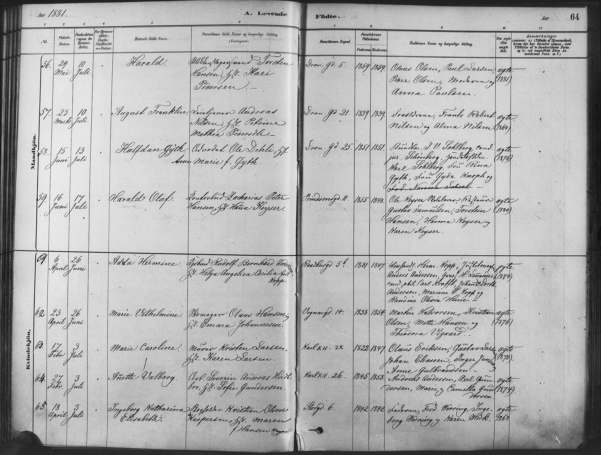 Oslo domkirke Kirkebøker, SAO/A-10752/F/Fa/L0029: Parish register (official) no. 29, 1879-1892, p. 64