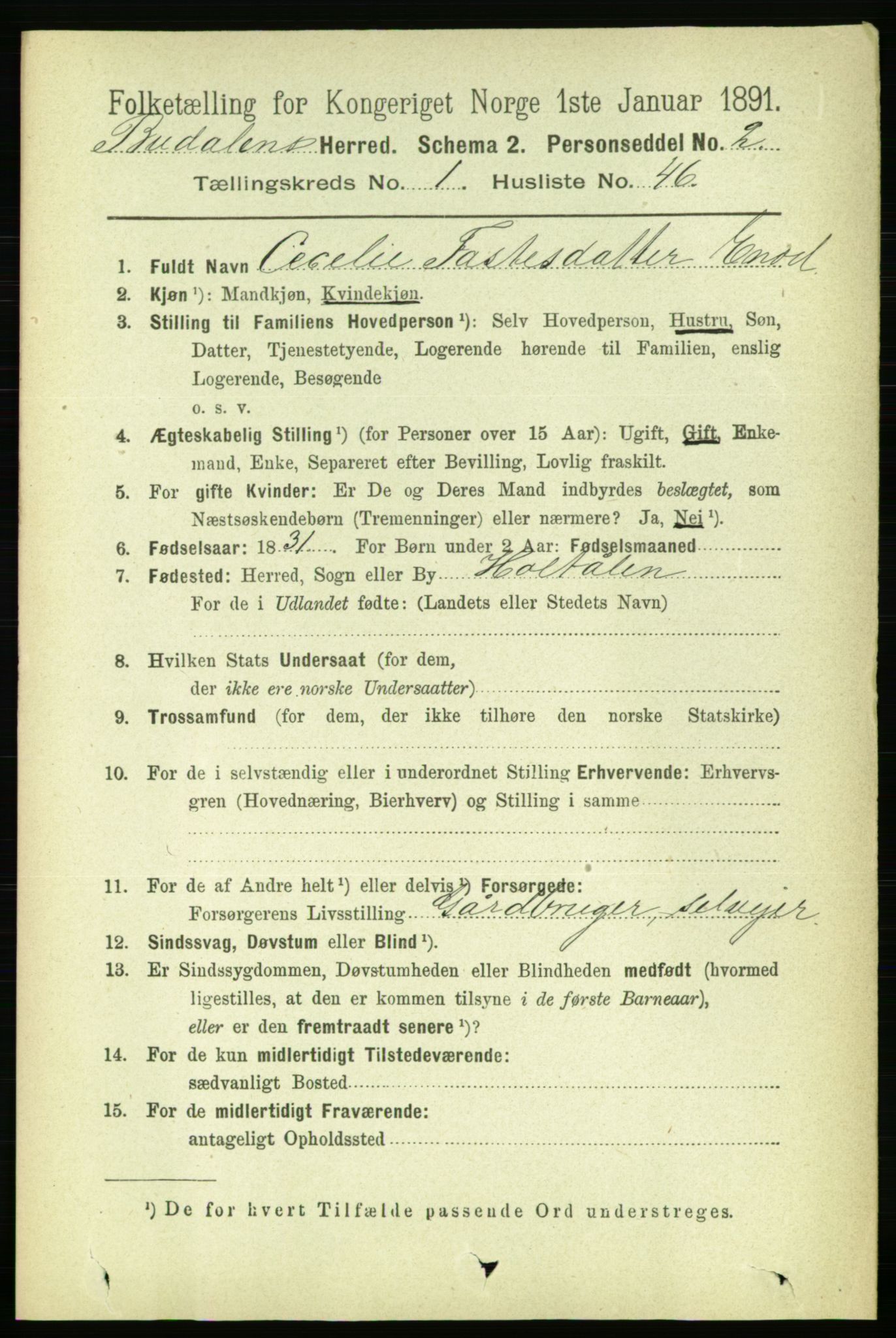 RA, 1891 census for 1647 Budal, 1891, p. 371