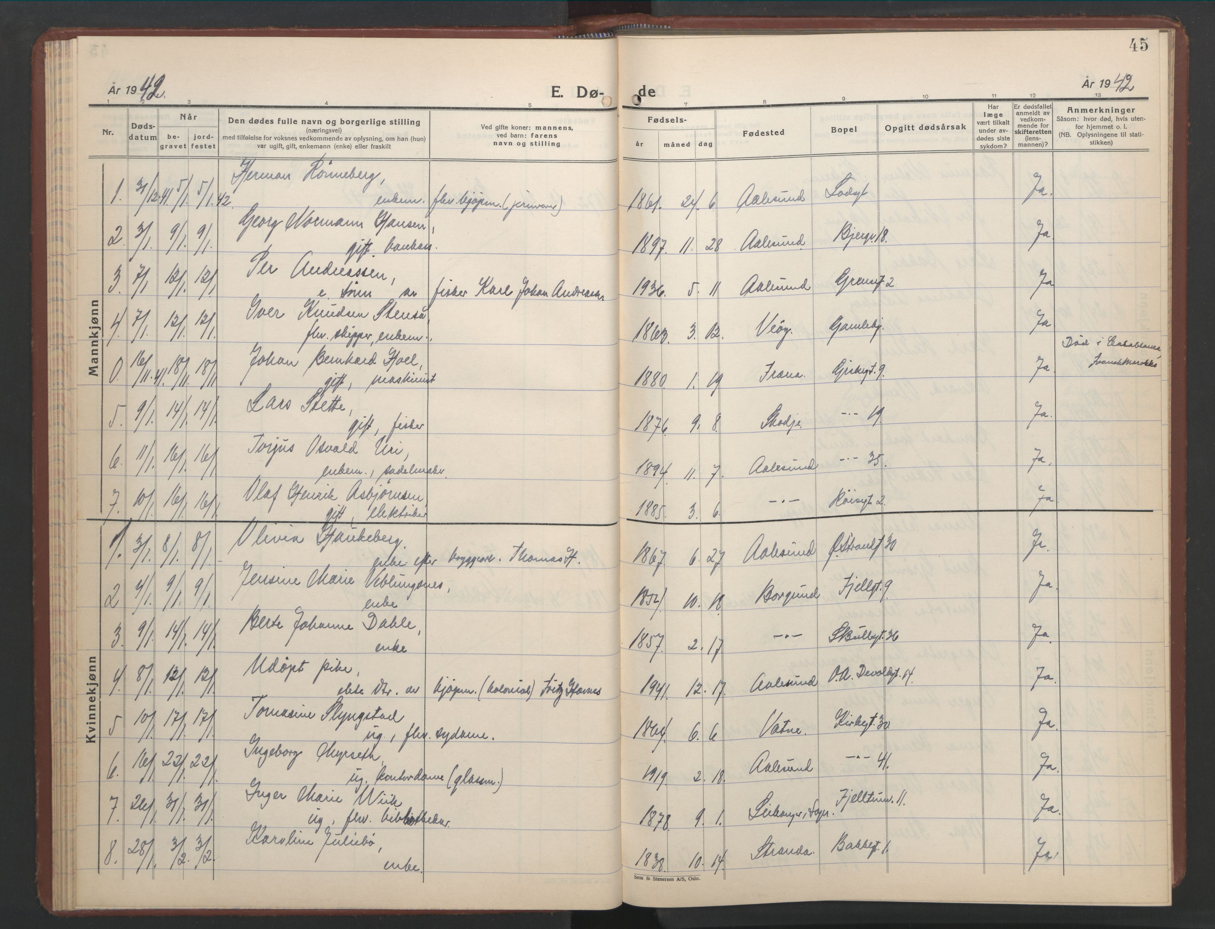 Ministerialprotokoller, klokkerbøker og fødselsregistre - Møre og Romsdal, AV/SAT-A-1454/529/L0478: Parish register (copy) no. 529C15, 1938-1951, p. 45