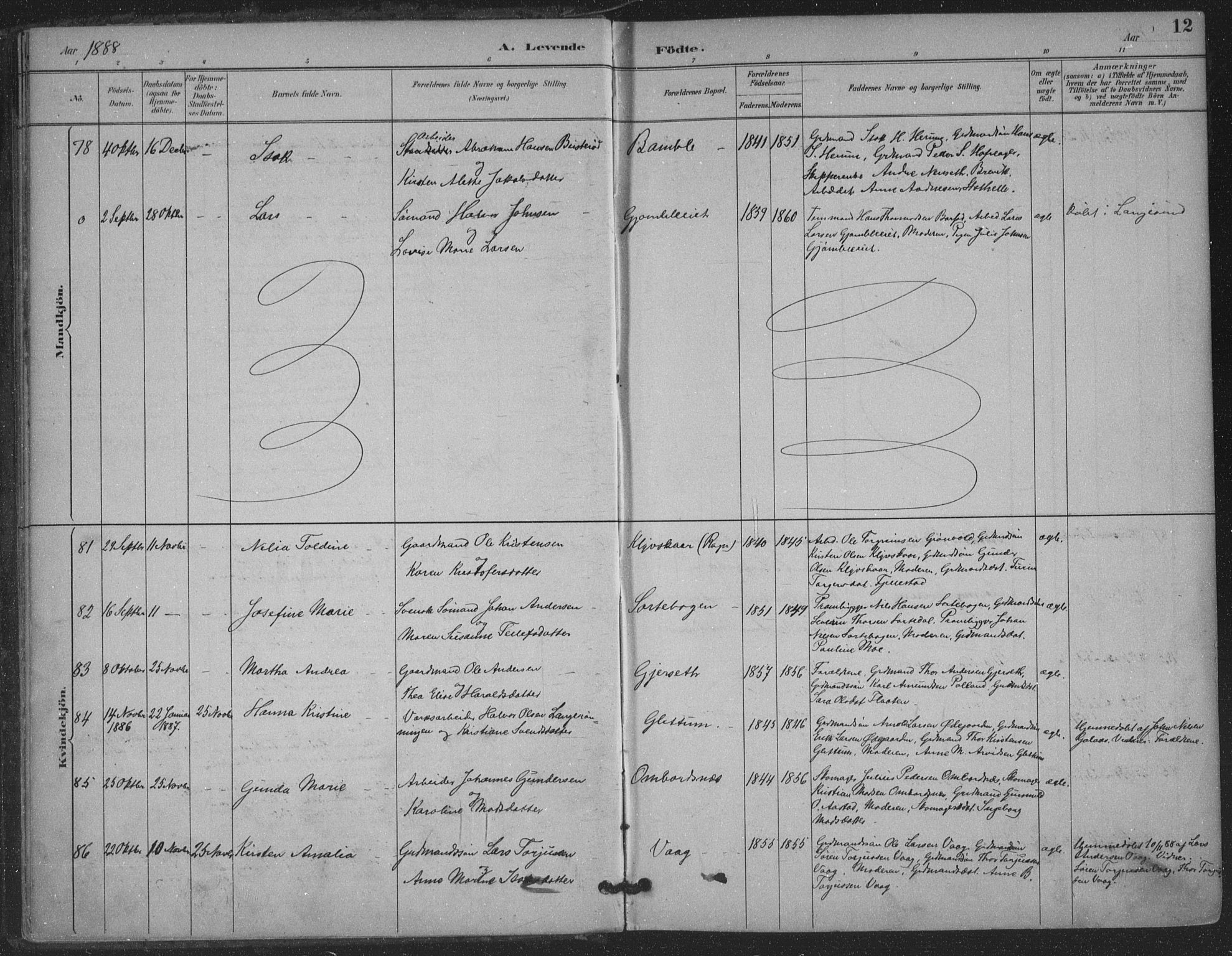 Bamble kirkebøker, AV/SAKO-A-253/F/Fa/L0008: Parish register (official) no. I 8, 1888-1900, p. 12