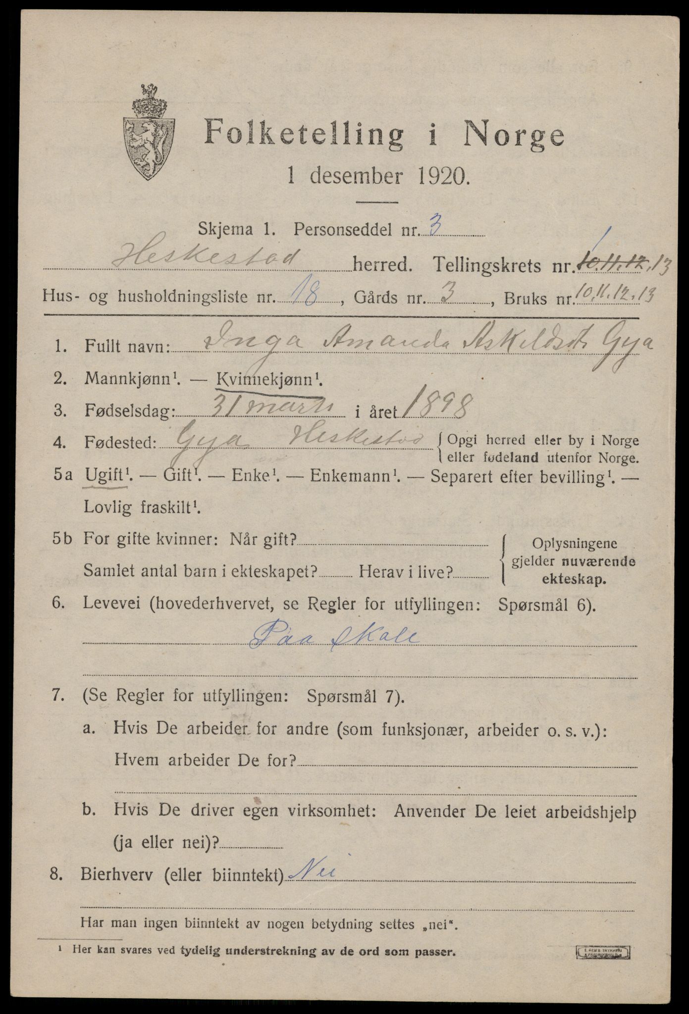 SAST, 1920 census for Heskestad, 1920, p. 595