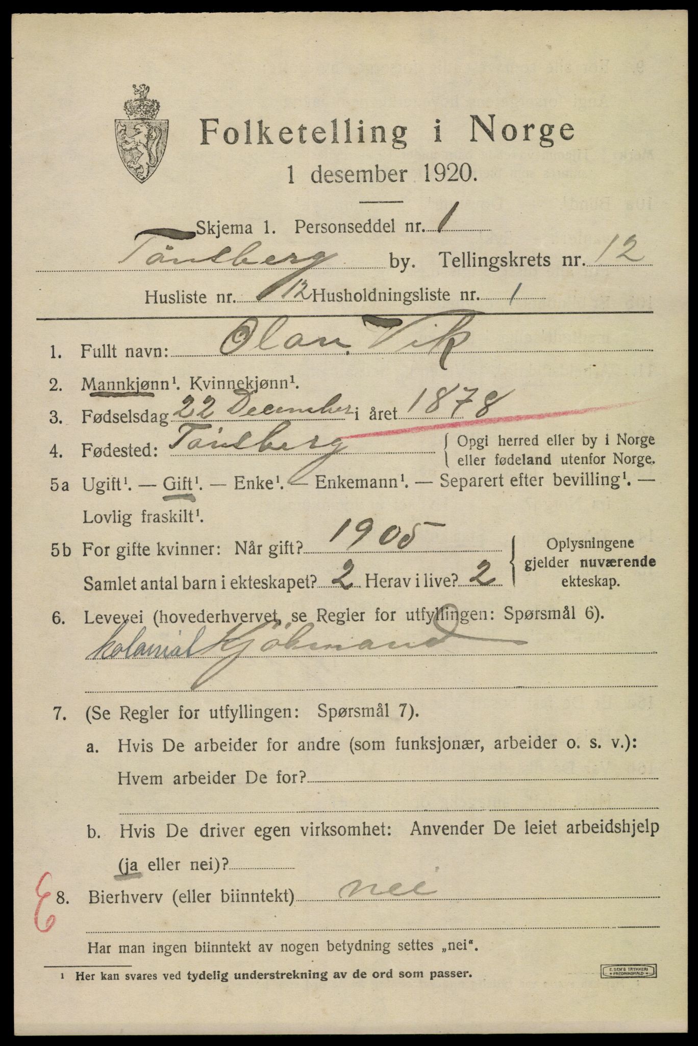 SAKO, 1920 census for Tønsberg, 1920, p. 20189