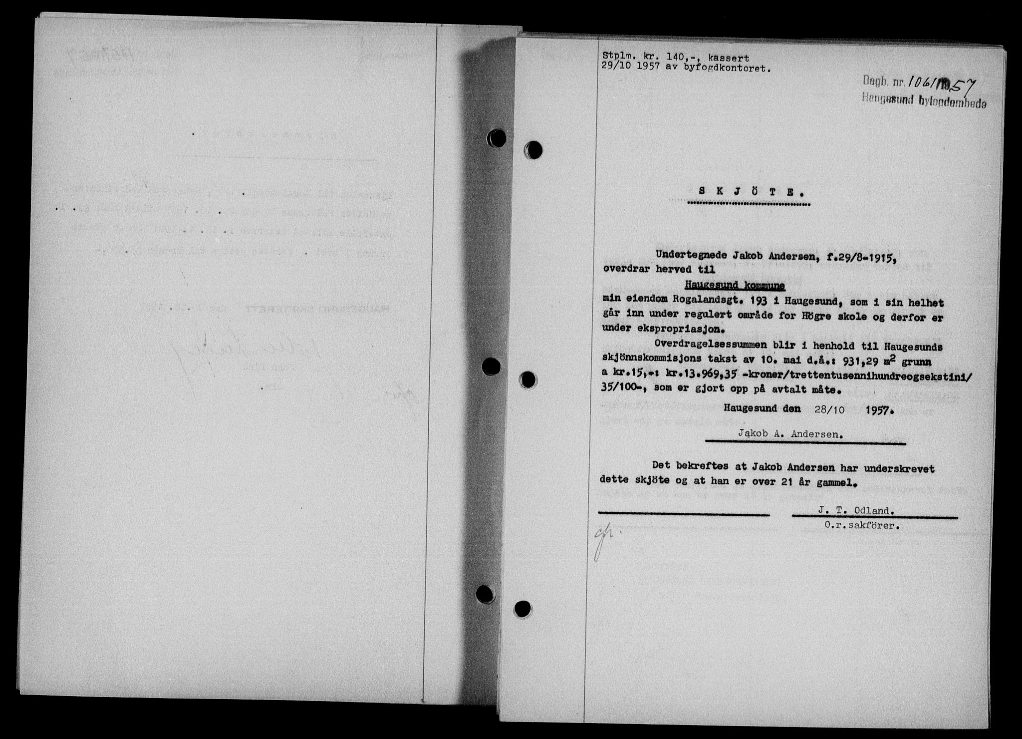 Haugesund tingrett, AV/SAST-A-101415/01/II/IIC/L0068: Mortgage book no. A 9, 1956-1958, Diary no: : 1061/1957