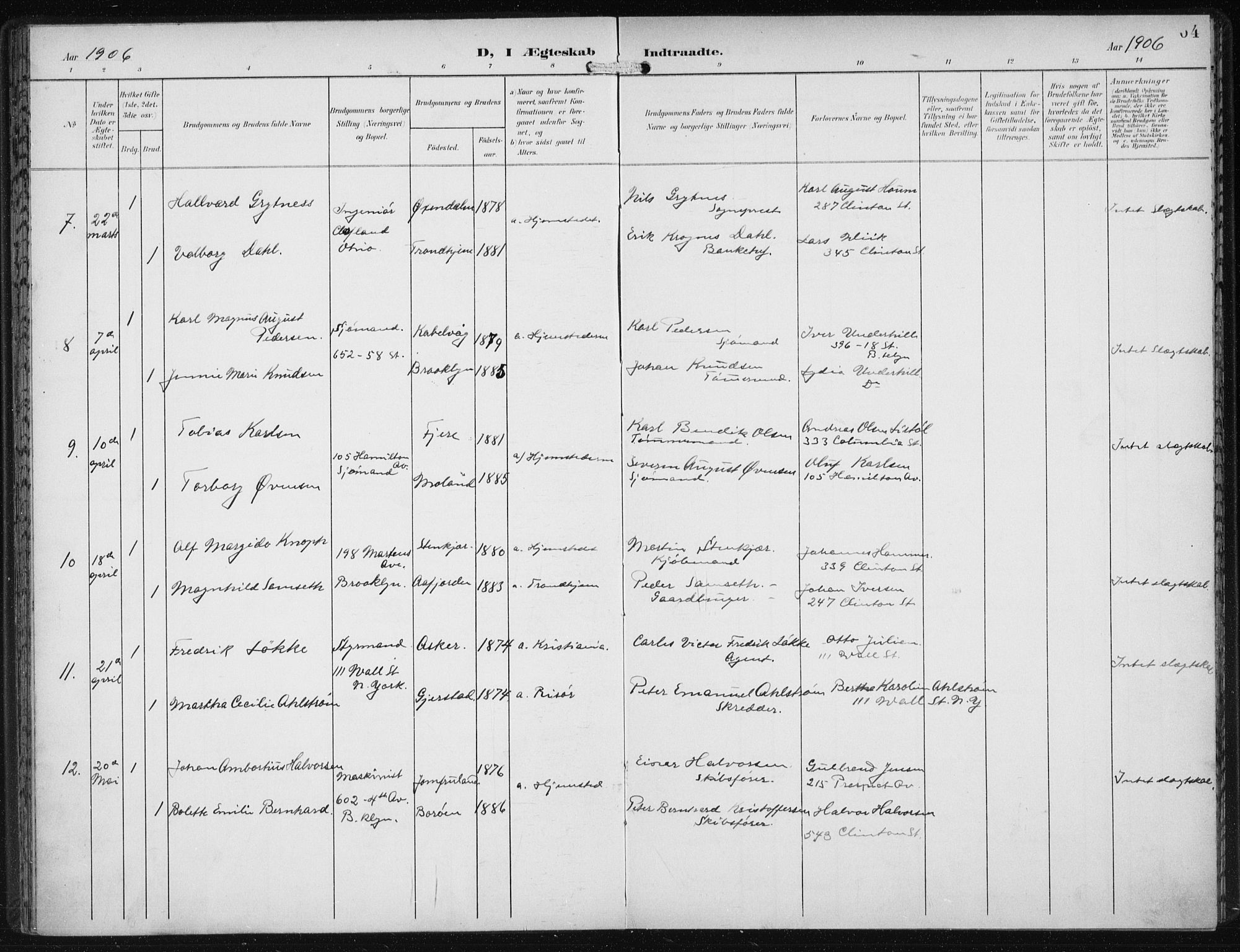Den norske sjømannsmisjon i utlandet/New York, SAB/SAB/PA-0110/H/Ha/L0005: Parish register (official) no. A 5, 1902-1908, p. 64