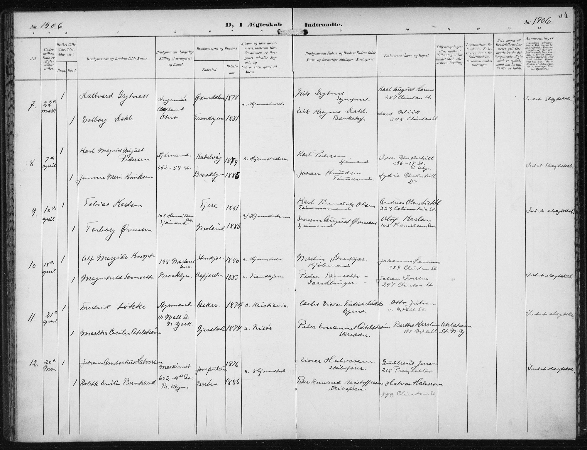 Den norske sjømannsmisjon i utlandet/New York, AV/SAB-SAB/PA-0110/H/Ha/L0005: Parish register (official) no. A 5, 1902-1908, p. 64