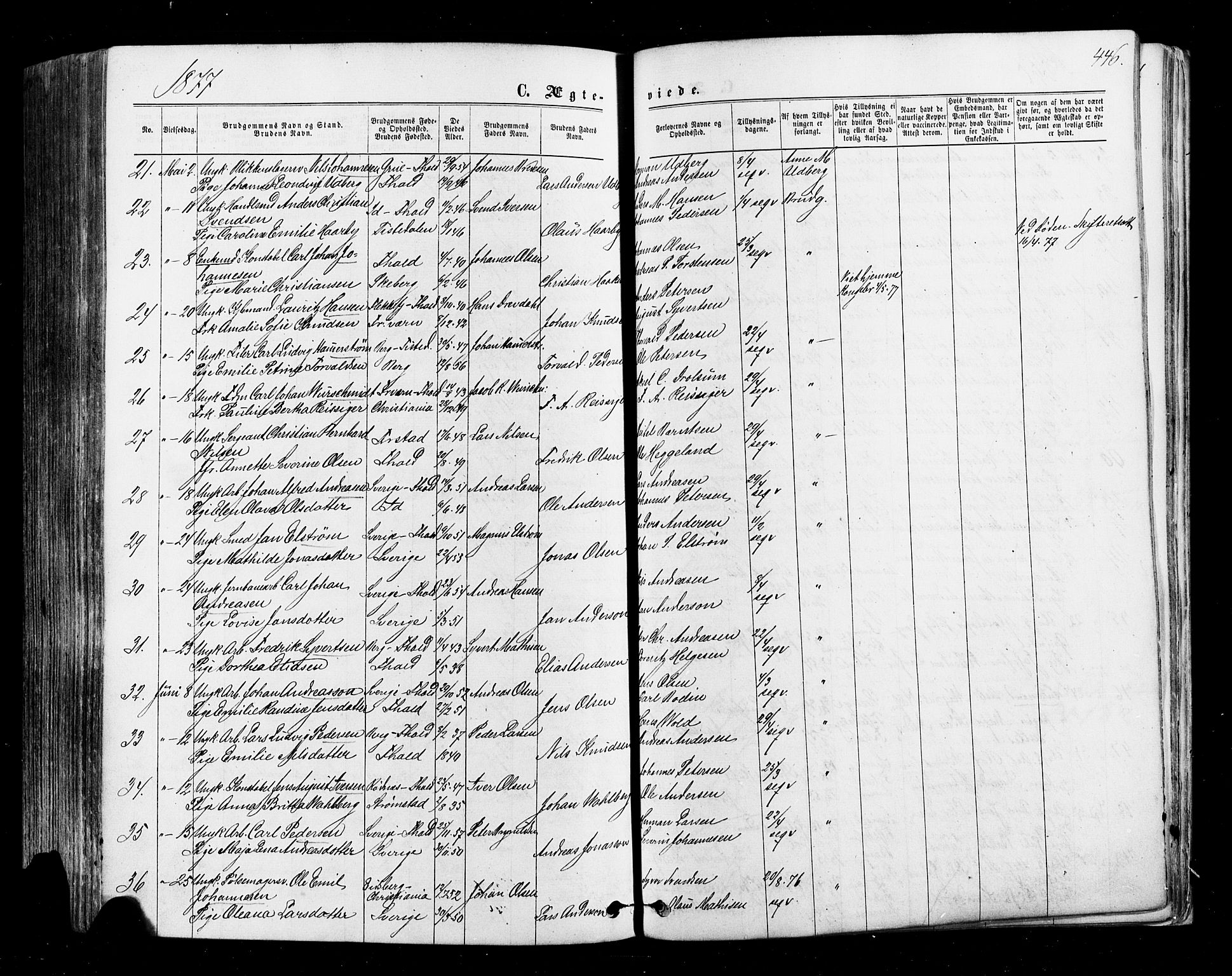 Halden prestekontor Kirkebøker, SAO/A-10909/F/Fa/L0009: Parish register (official) no. I 9, 1866-1877, p. 446