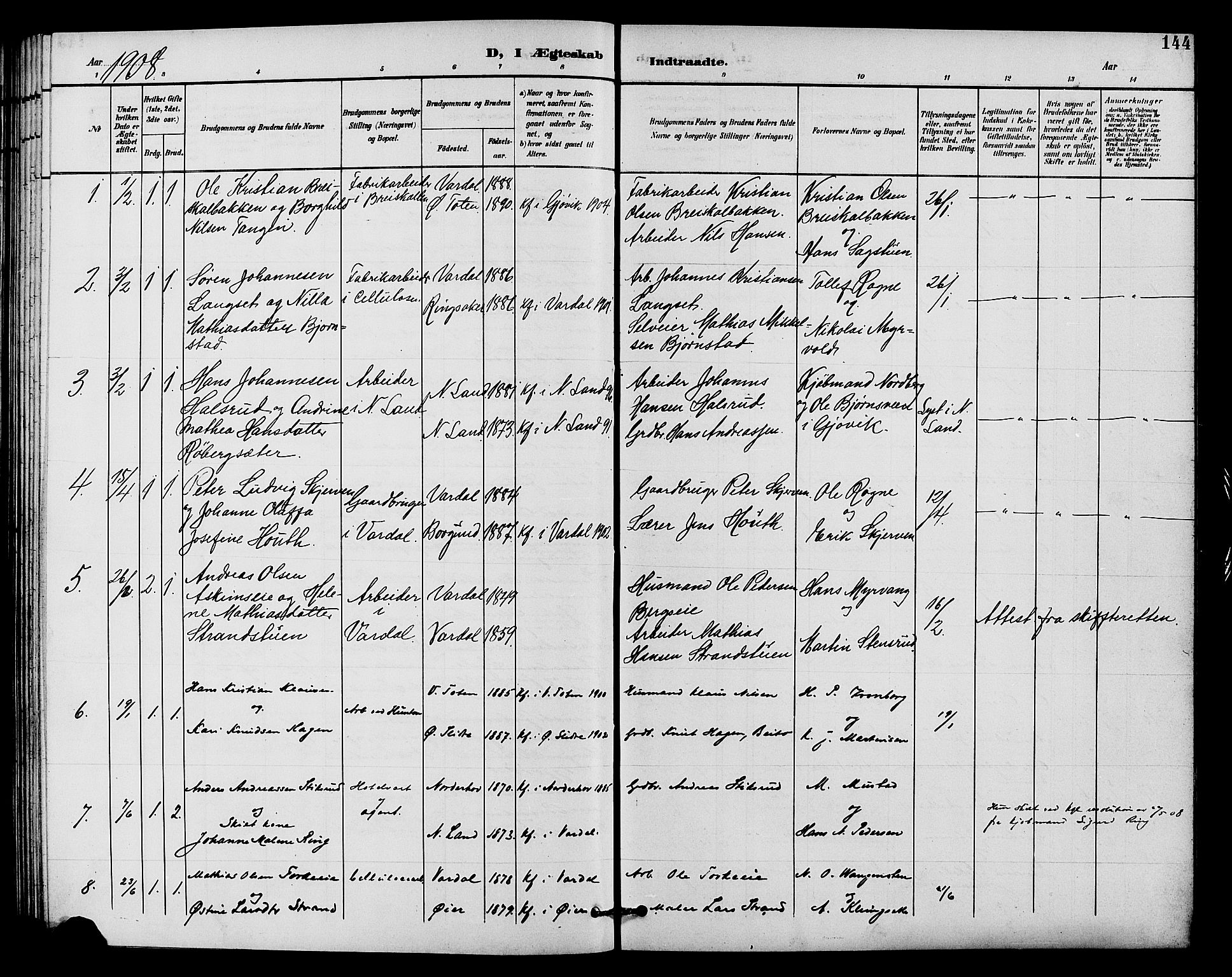 Vardal prestekontor, SAH/PREST-100/H/Ha/Hab/L0011: Parish register (copy) no. 11, 1899-1913, p. 144