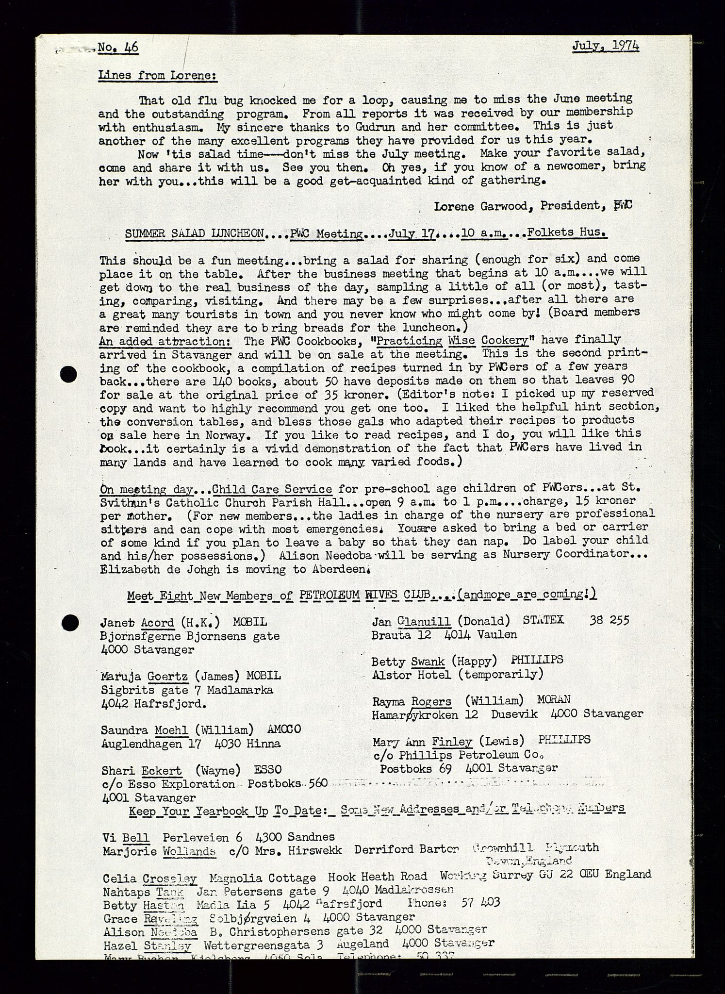 PA 1547 - Petroleum Wives Club, AV/SAST-A-101974/X/Xa/L0001: Newsletters (1971-1978)/radiointervjuer på kasett (1989-1992), 1970-1978