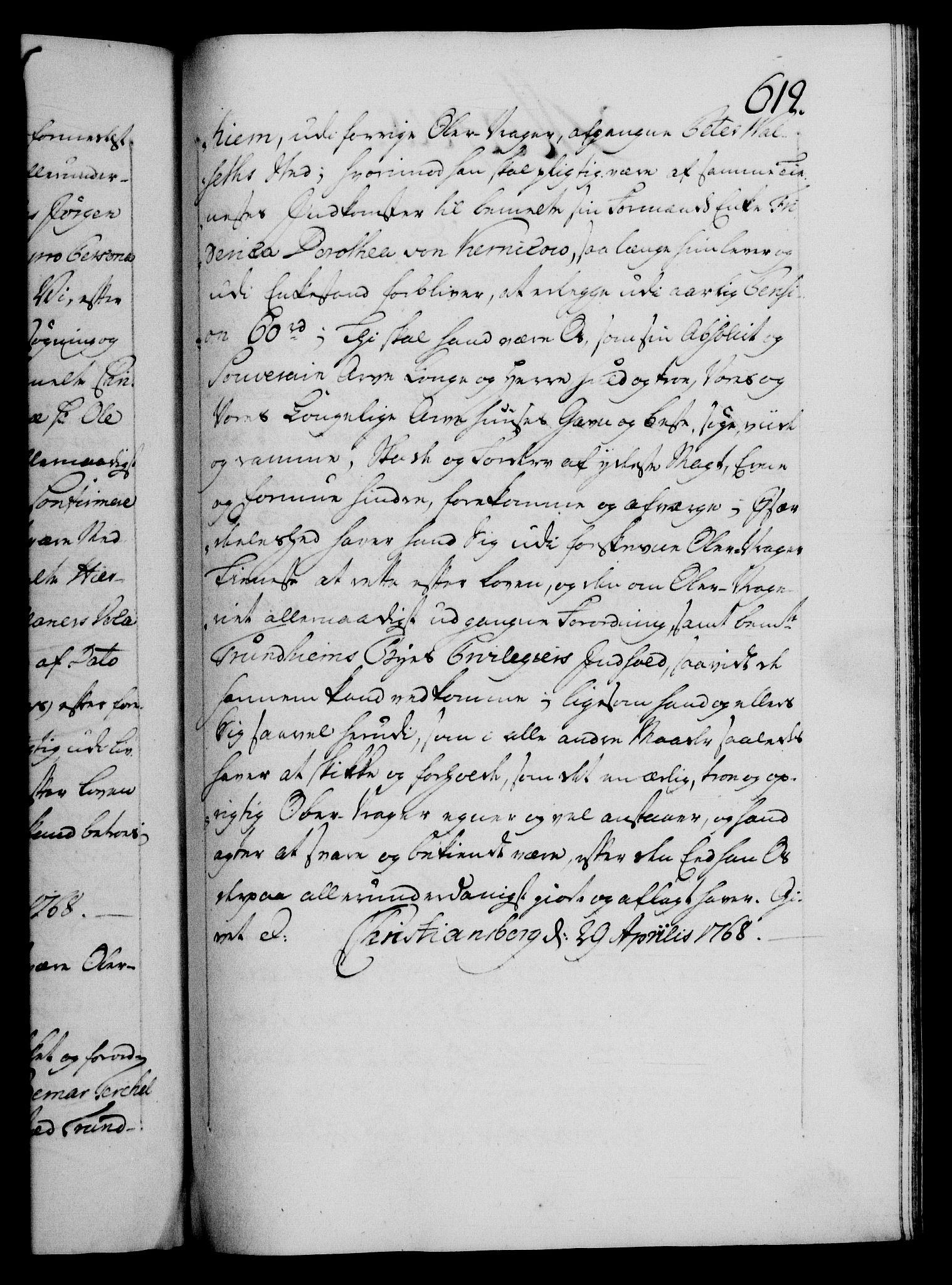 Danske Kanselli 1572-1799, AV/RA-EA-3023/F/Fc/Fca/Fcaa/L0043: Norske registre, 1766-1768, p. 619a