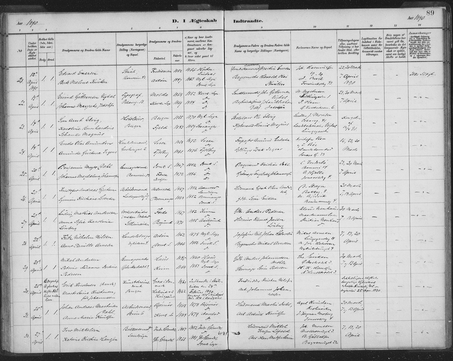 Domkirken sokneprestembete, AV/SAB-A-74801/H/Hab/L0032: Parish register (copy) no. D 4, 1880-1907, p. 89