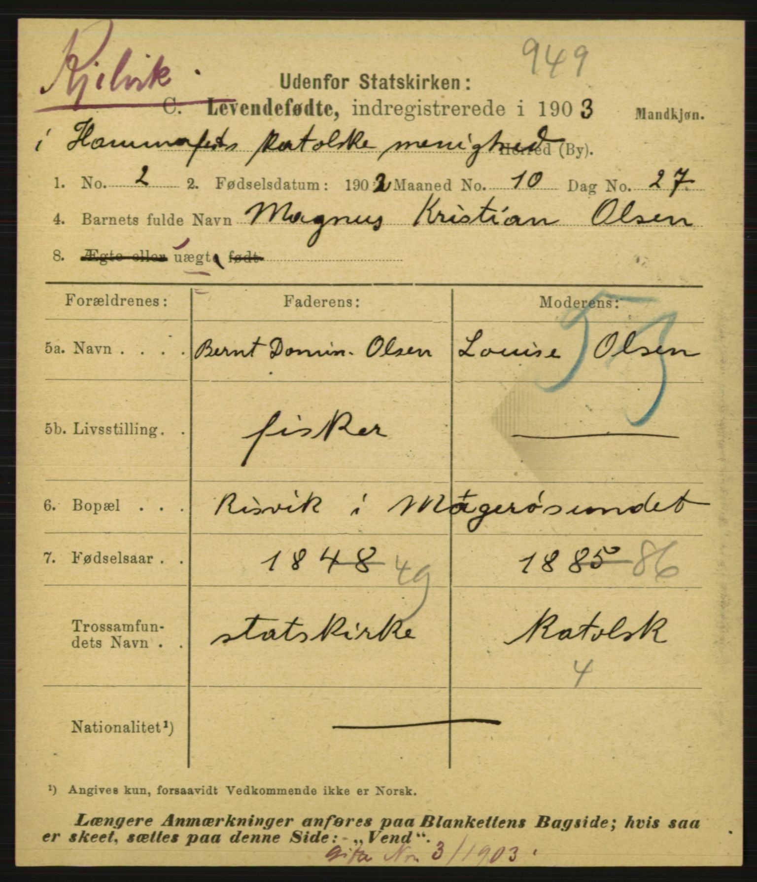 Statistisk sentralbyrå, Sosiodemografiske emner, Befolkning, AV/RA-S-2228/E/L0001: Fødte, gifte, døde dissentere., 1903, p. 1795