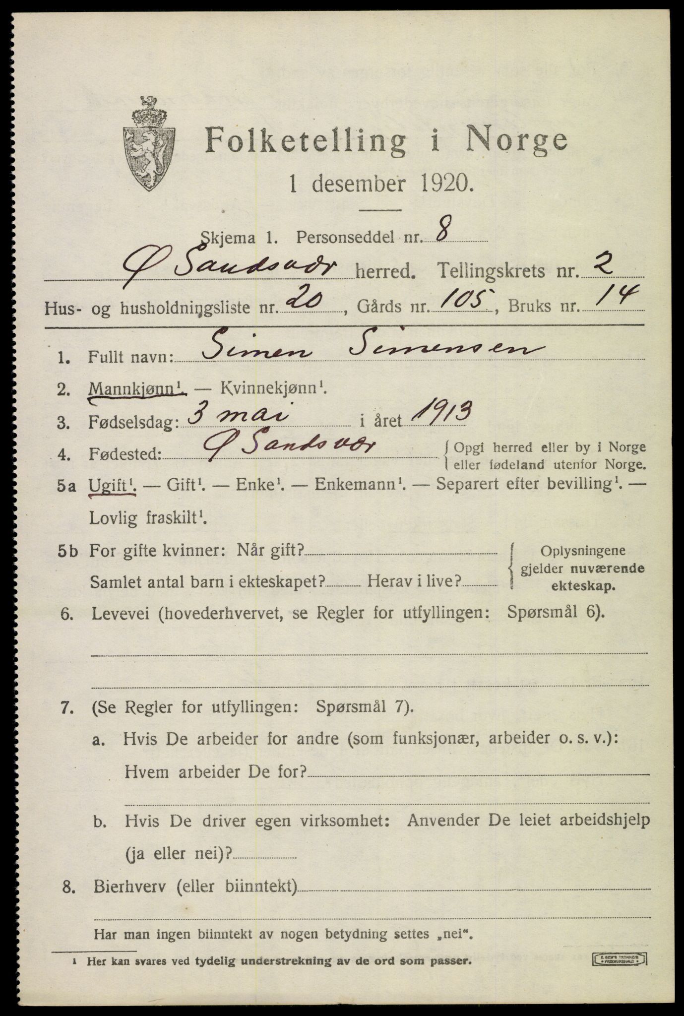 SAKO, 1920 census for Øvre Sandsvær, 1920, p. 1954