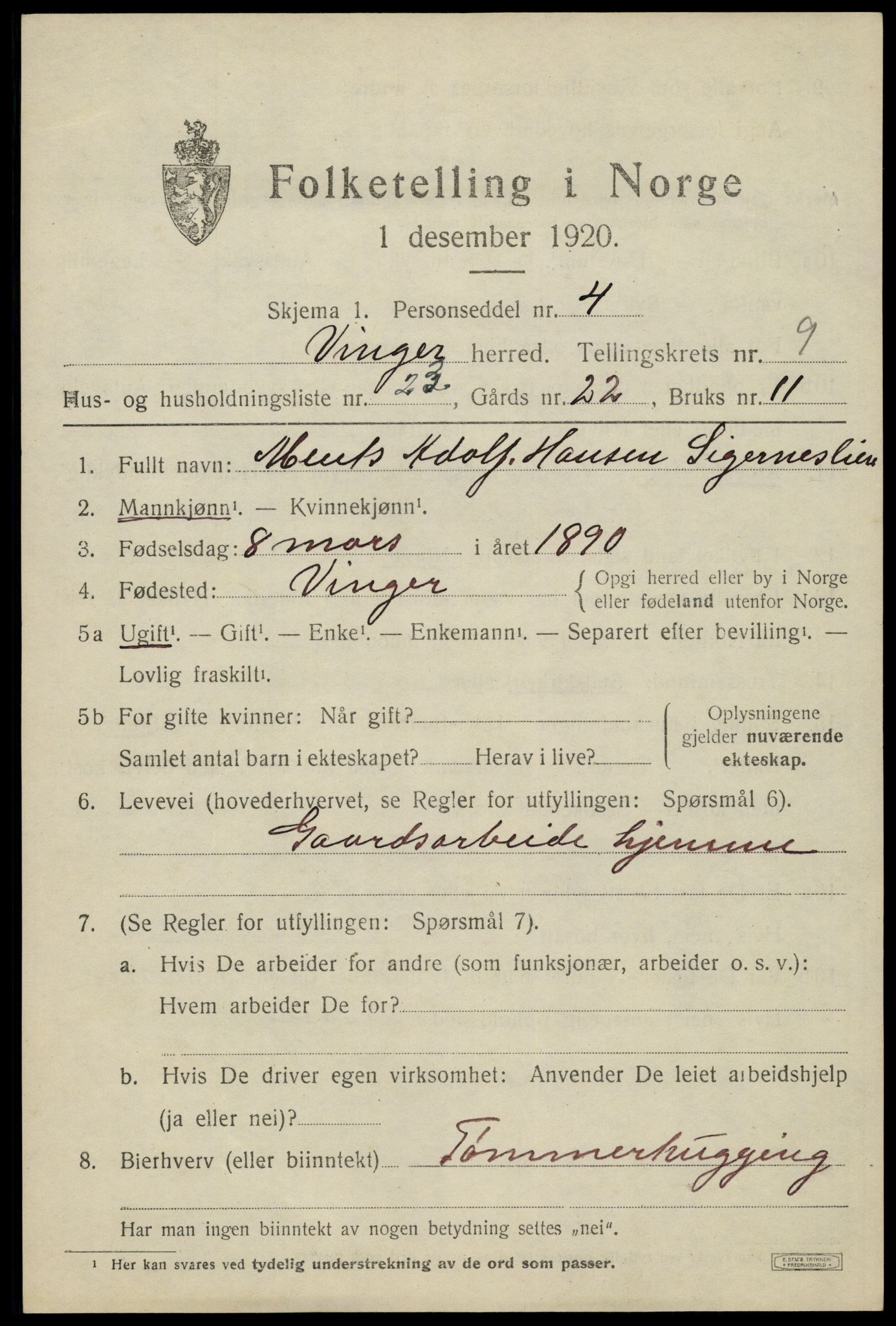 SAH, 1920 census for Vinger, 1920, p. 8362