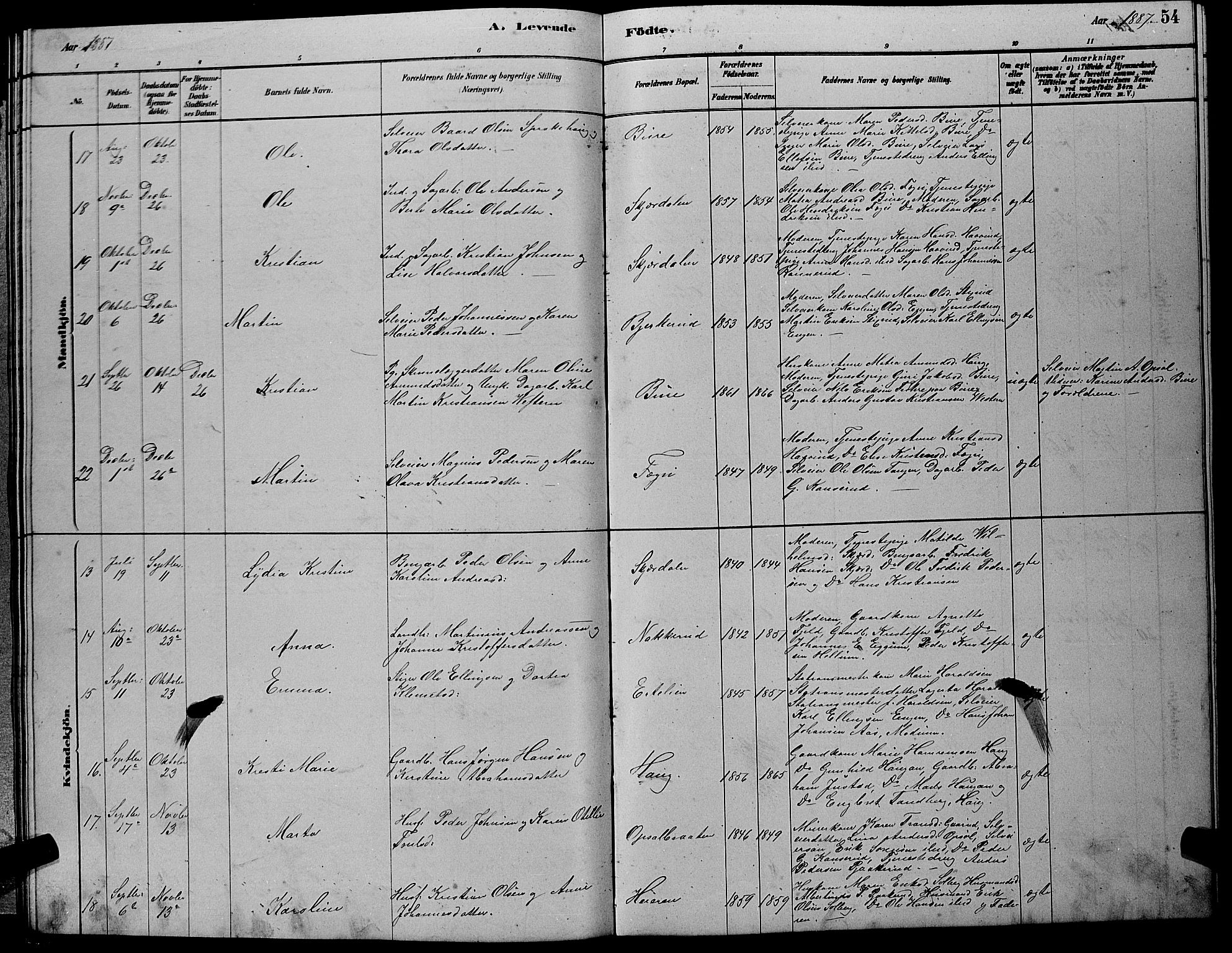 Hole kirkebøker, SAKO/A-228/G/Gb/L0002: Parish register (copy) no. II 2, 1878-1889, p. 54