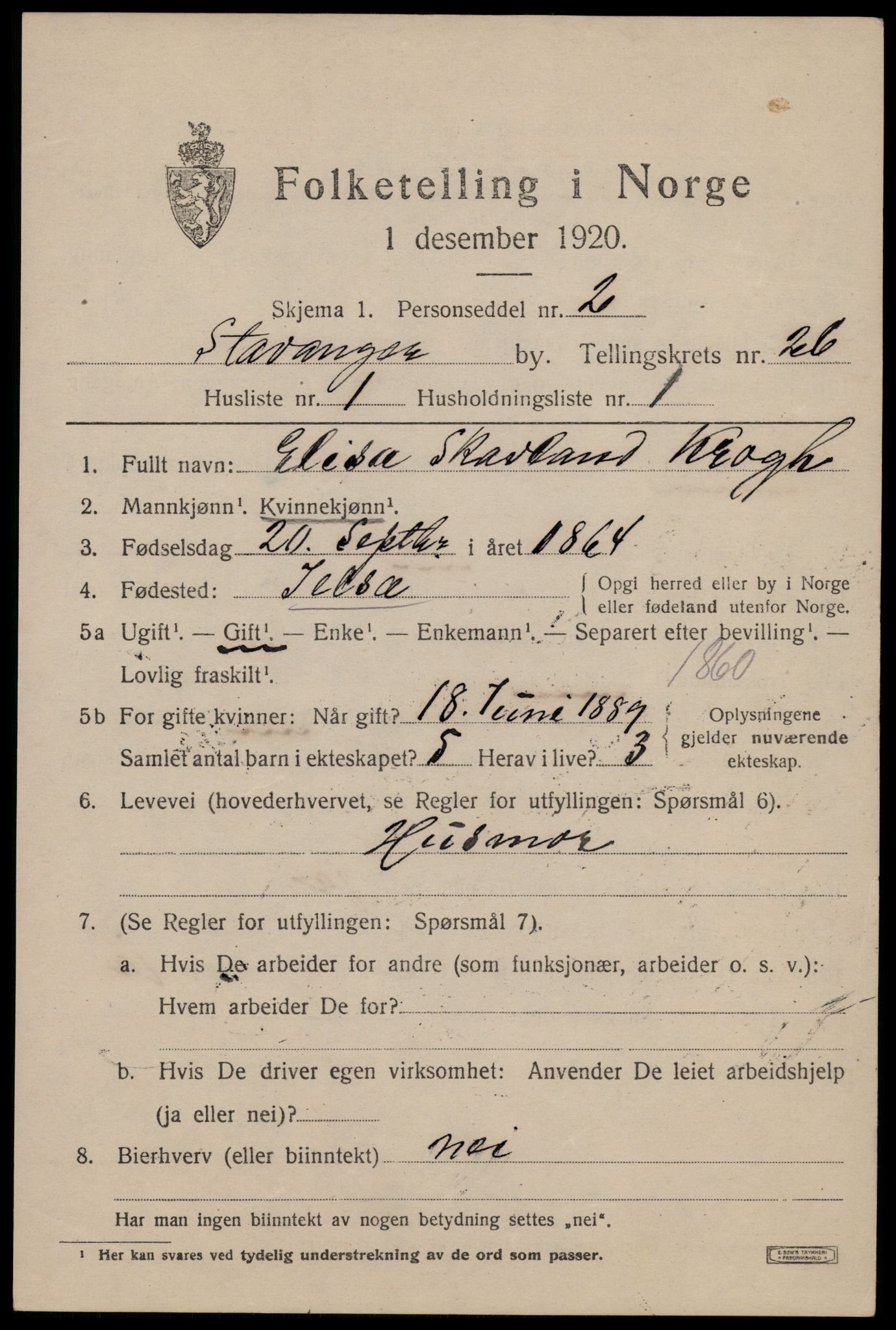 SAST, 1920 census for Stavanger, 1920, p. 77782