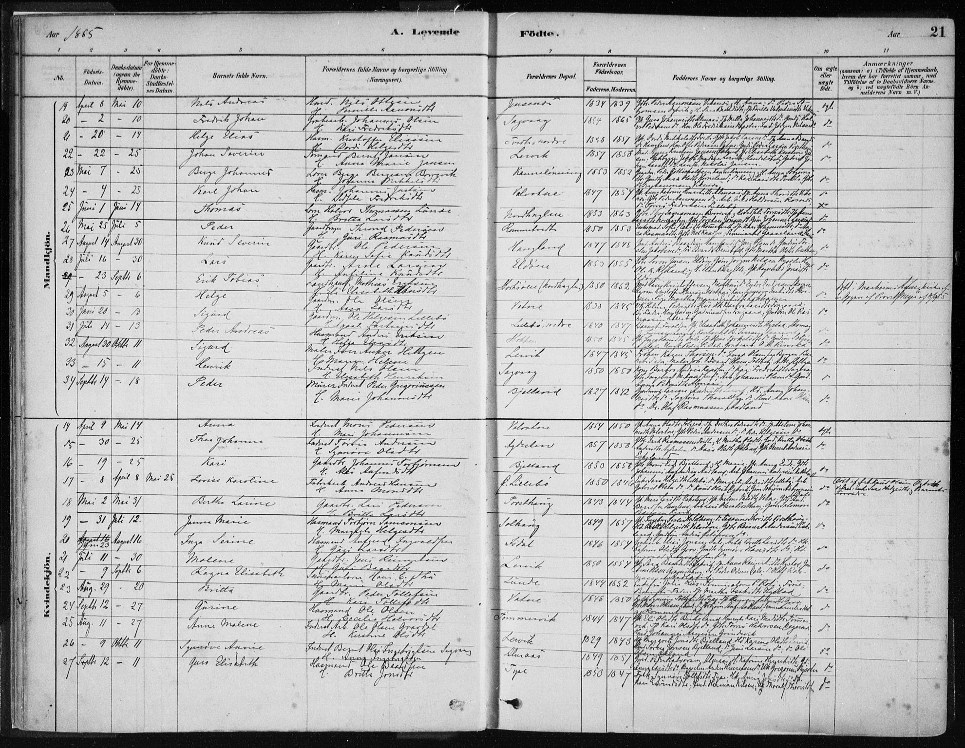 Stord sokneprestembete, AV/SAB-A-78201/H/Haa: Parish register (official) no. B 2, 1878-1913, p. 21