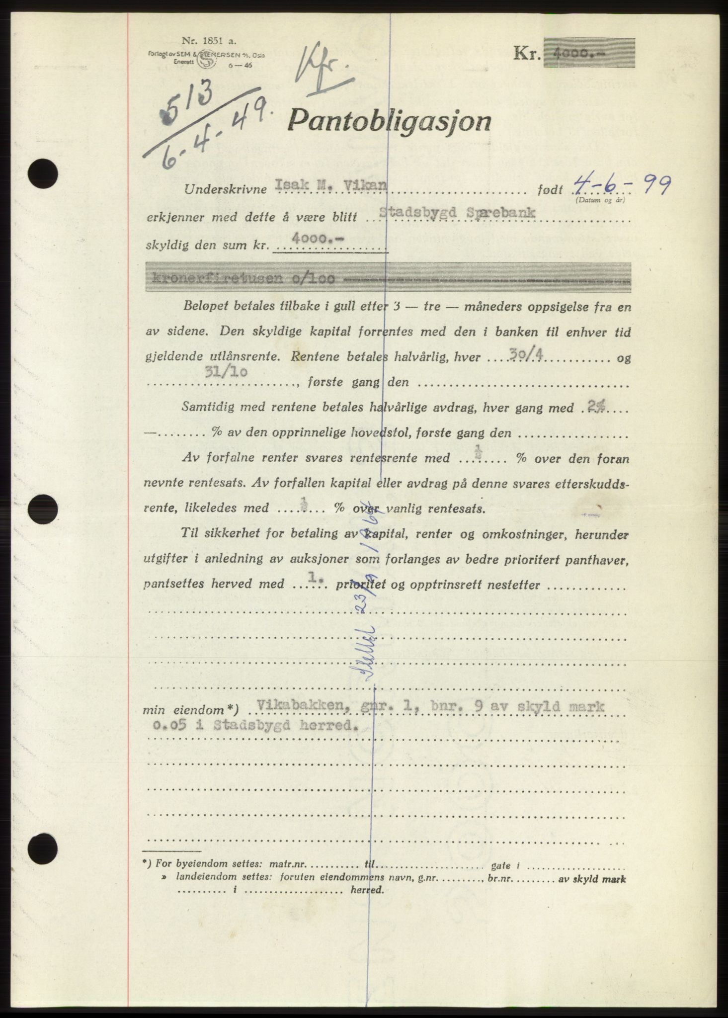 Fosen sorenskriveri, AV/SAT-A-1107/1/2/2C: Mortgage book no. B, 1948-1950, Diary no: : 513/1949