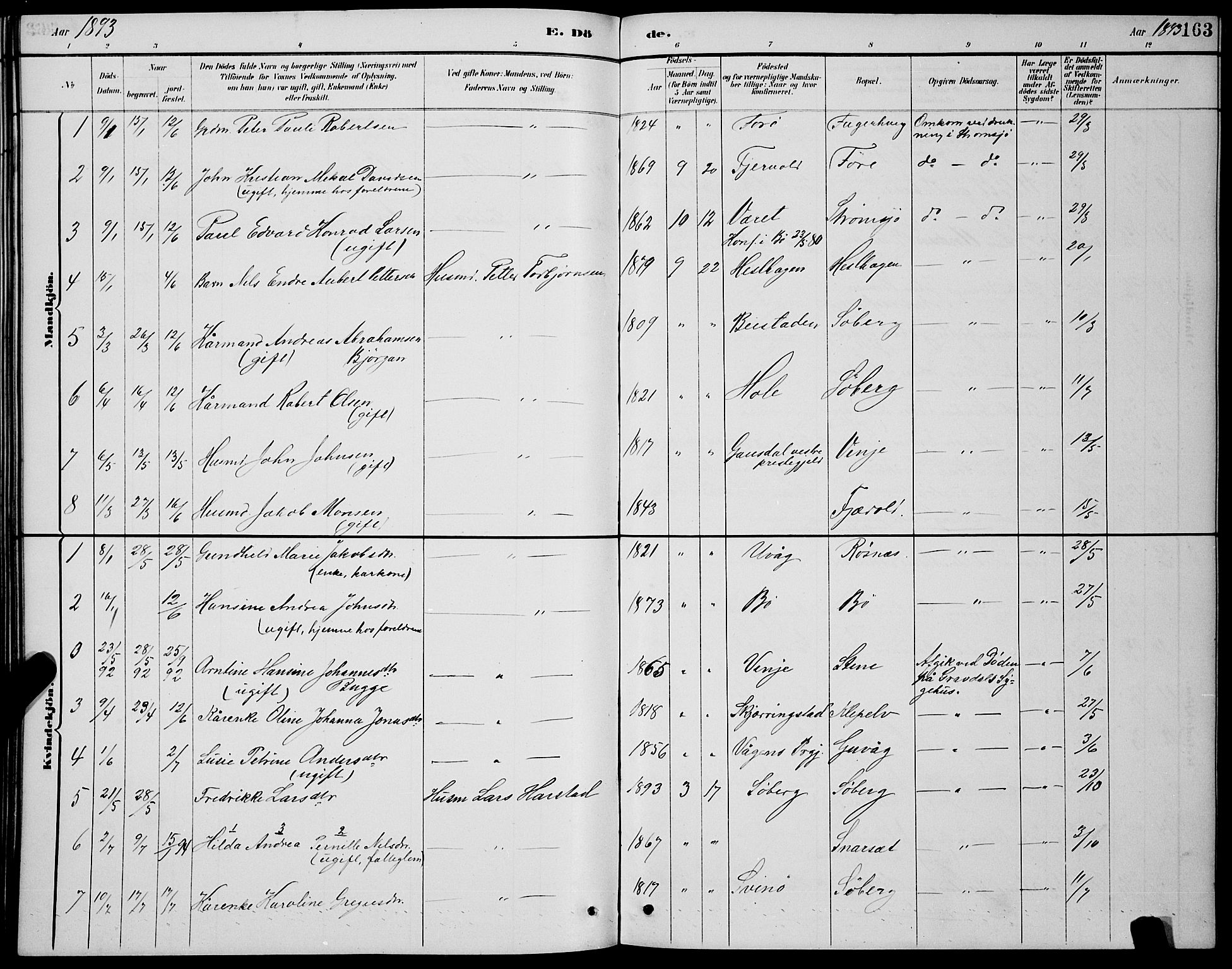 Ministerialprotokoller, klokkerbøker og fødselsregistre - Nordland, SAT/A-1459/891/L1315: Parish register (copy) no. 891C04, 1886-1893, p. 163
