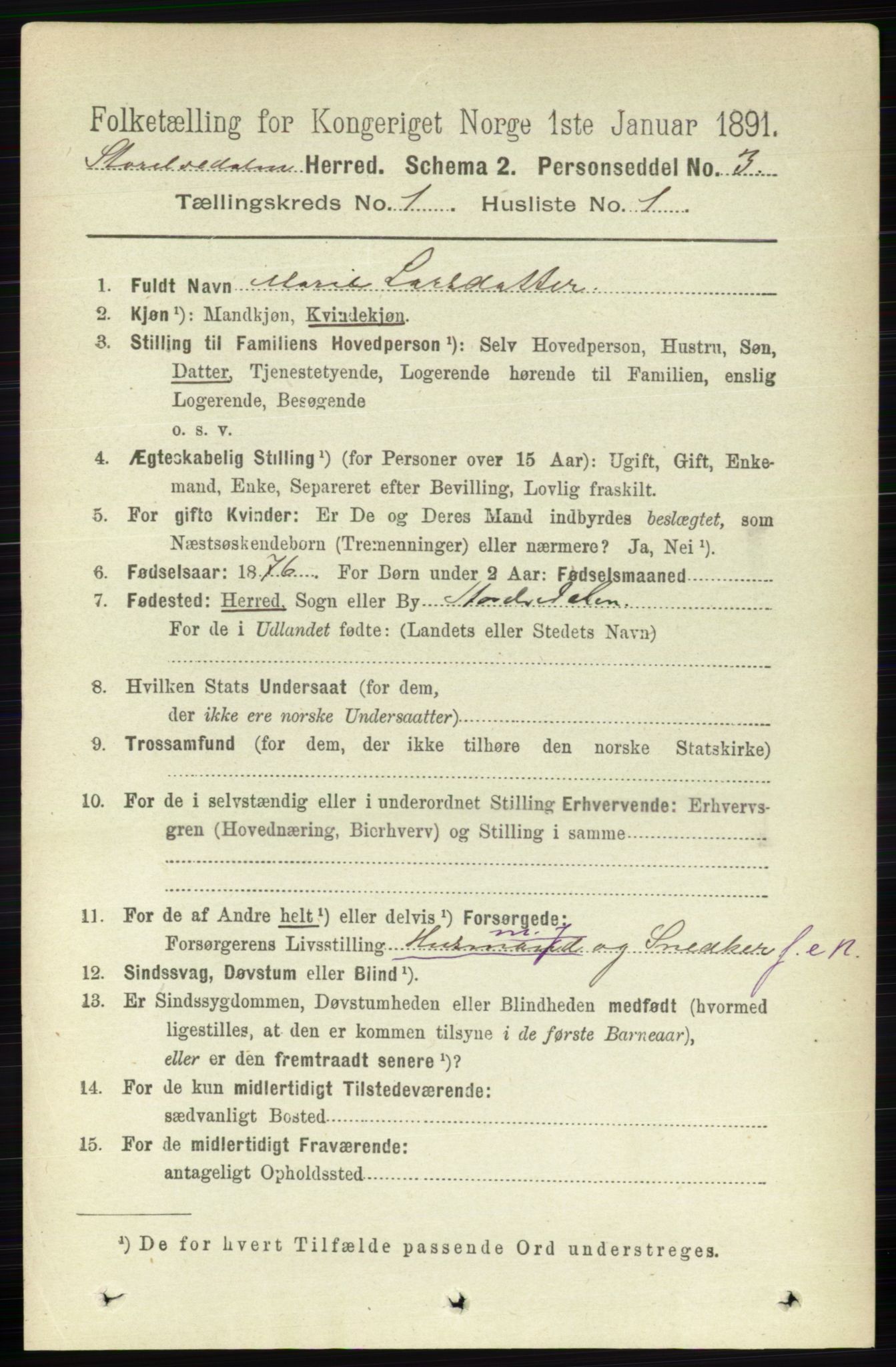 RA, 1891 census for 0430 Stor-Elvdal, 1891, p. 73