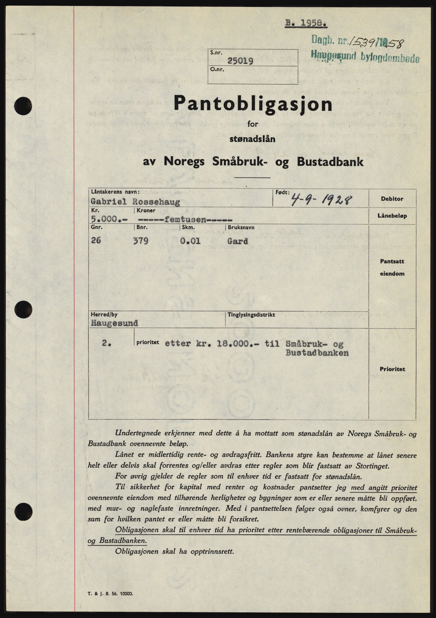 Haugesund tingrett, SAST/A-101415/01/II/IIC/L0044: Mortgage book no. B 44, 1958-1959, Diary no: : 1539/1958