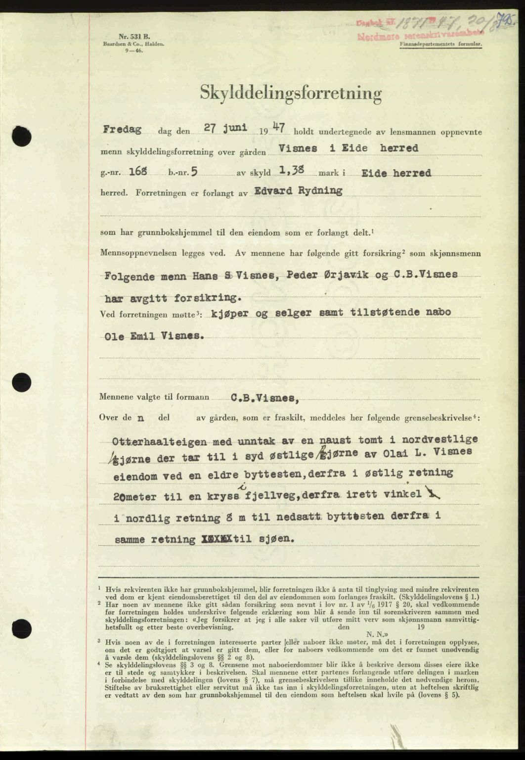 Nordmøre sorenskriveri, AV/SAT-A-4132/1/2/2Ca: Mortgage book no. A105, 1947-1947, Diary no: : 1871/1947