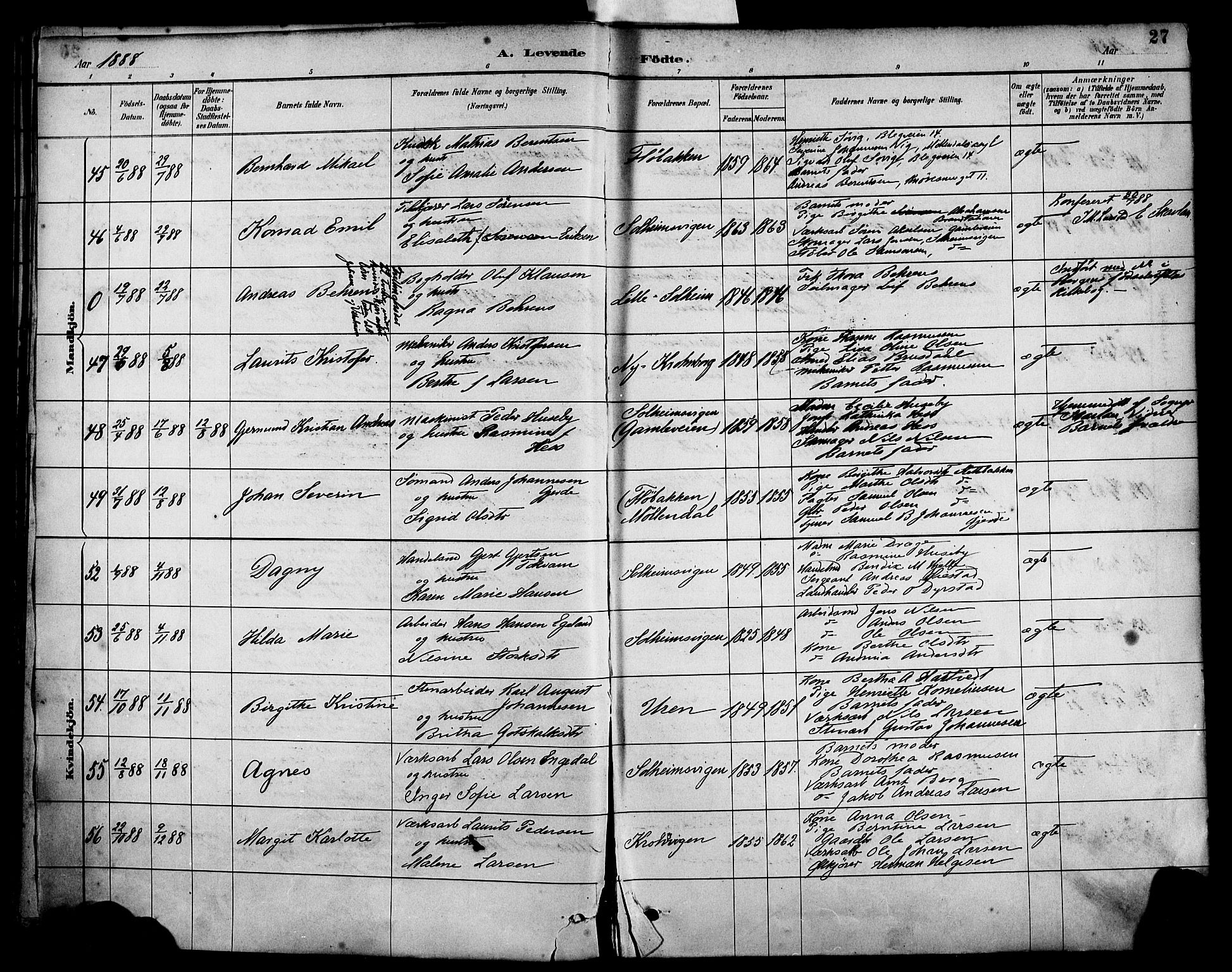 Årstad Sokneprestembete, AV/SAB-A-79301/H/Haa/L0001: Parish register (official) no. A 1, 1886-1901, p. 27