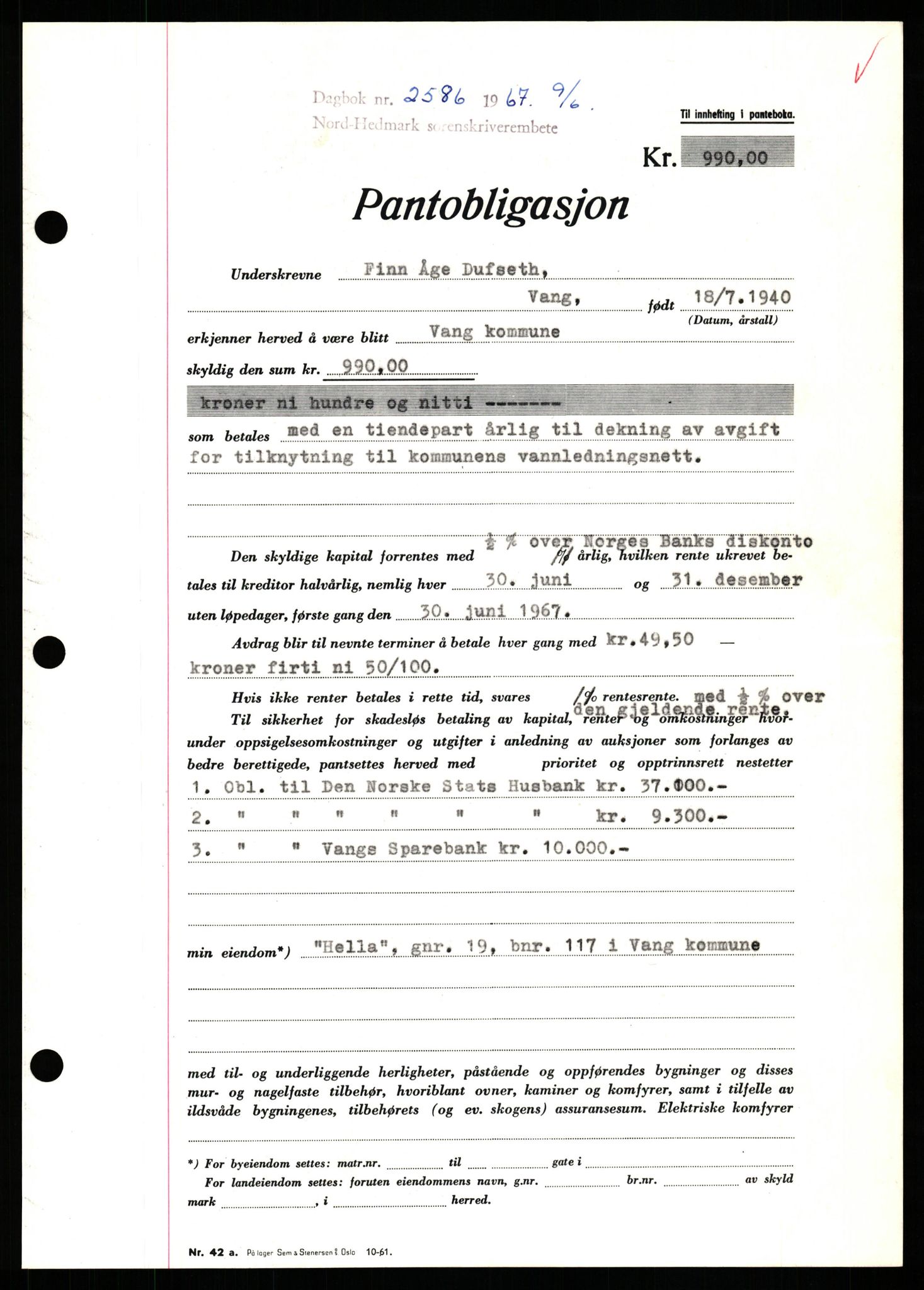 Nord-Hedmark sorenskriveri, SAH/TING-012/H/Hb/Hbf/L0071: Mortgage book no. B71, 1967-1967, Diary no: : 2586/1967