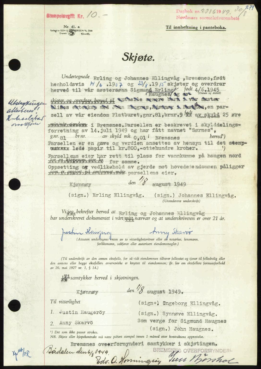 Nordmøre sorenskriveri, AV/SAT-A-4132/1/2/2Ca: Mortgage book no. A112, 1949-1949, Diary no: : 2386/1949