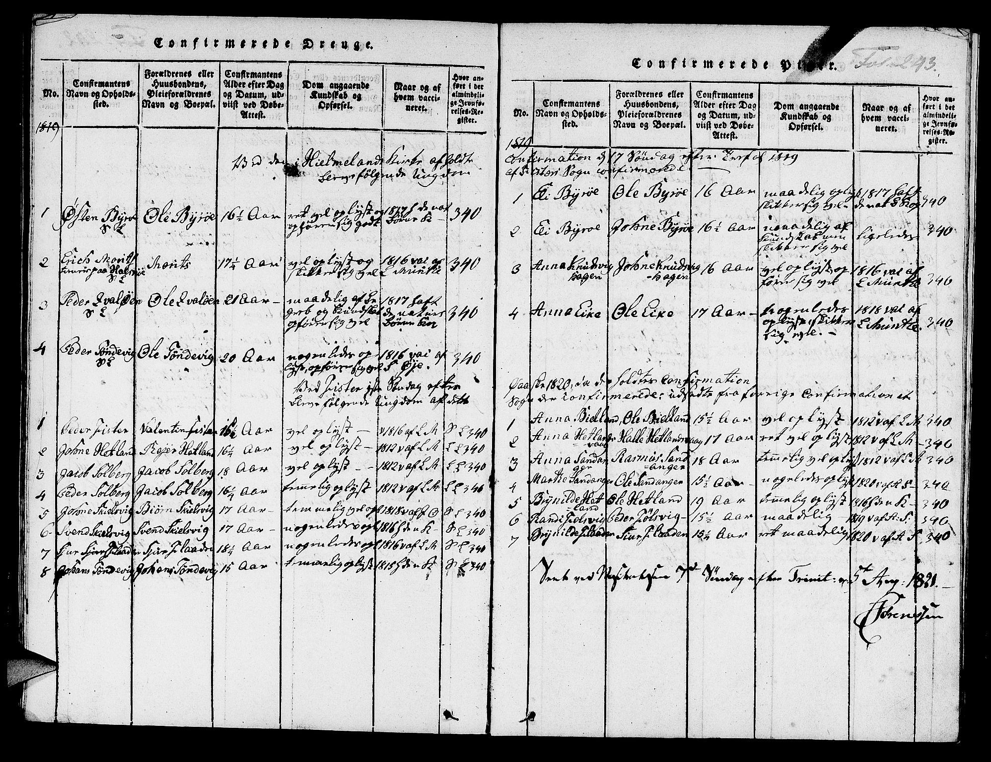 Hjelmeland sokneprestkontor, SAST/A-101843/01/IV/L0004: Parish register (official) no. A 4, 1816-1834, p. 243