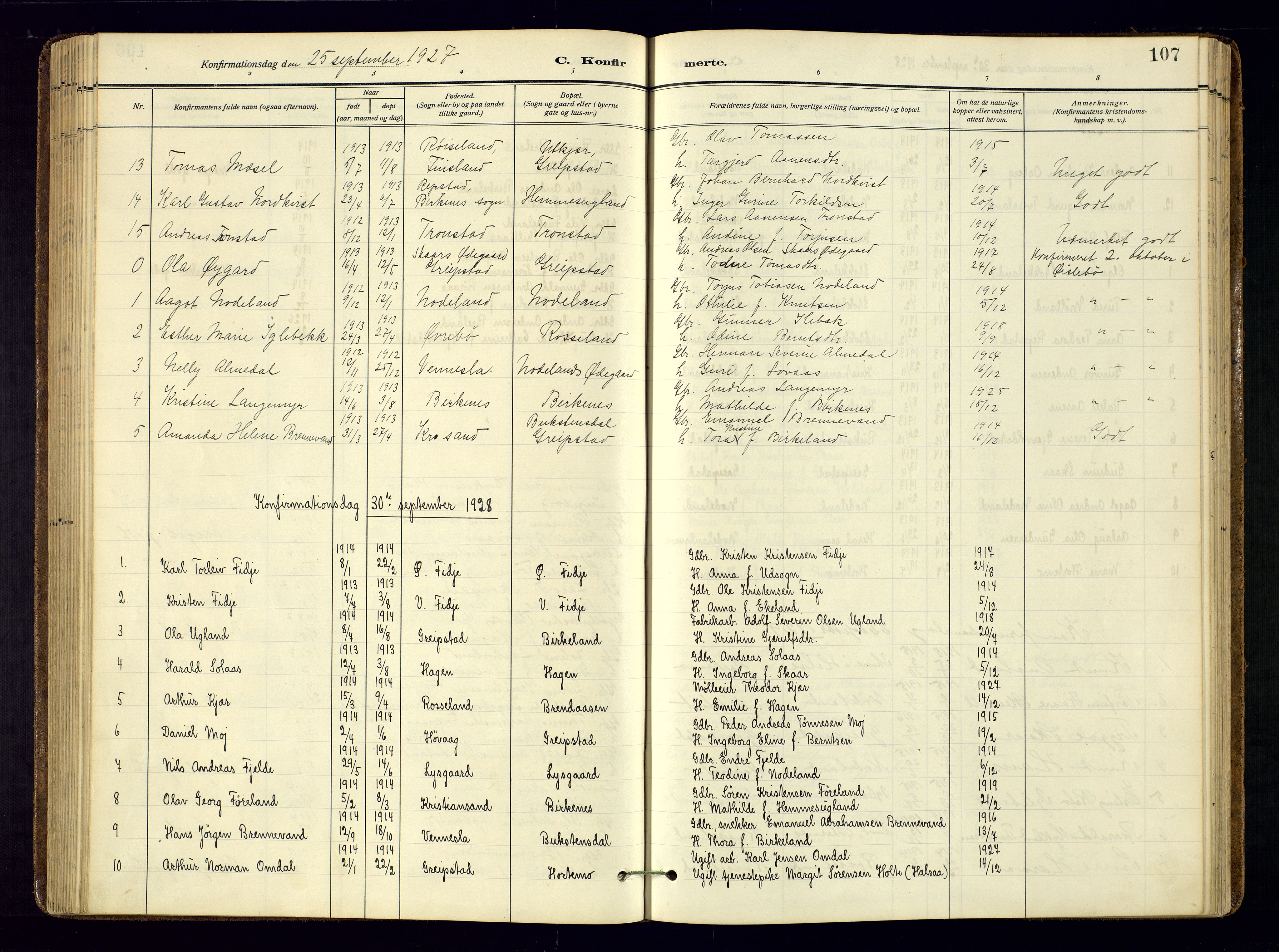 Søgne sokneprestkontor, AV/SAK-1111-0037/F/Fa/Faa/L0004: Parish register (official) no. A 4, 1911-1945, p. 107