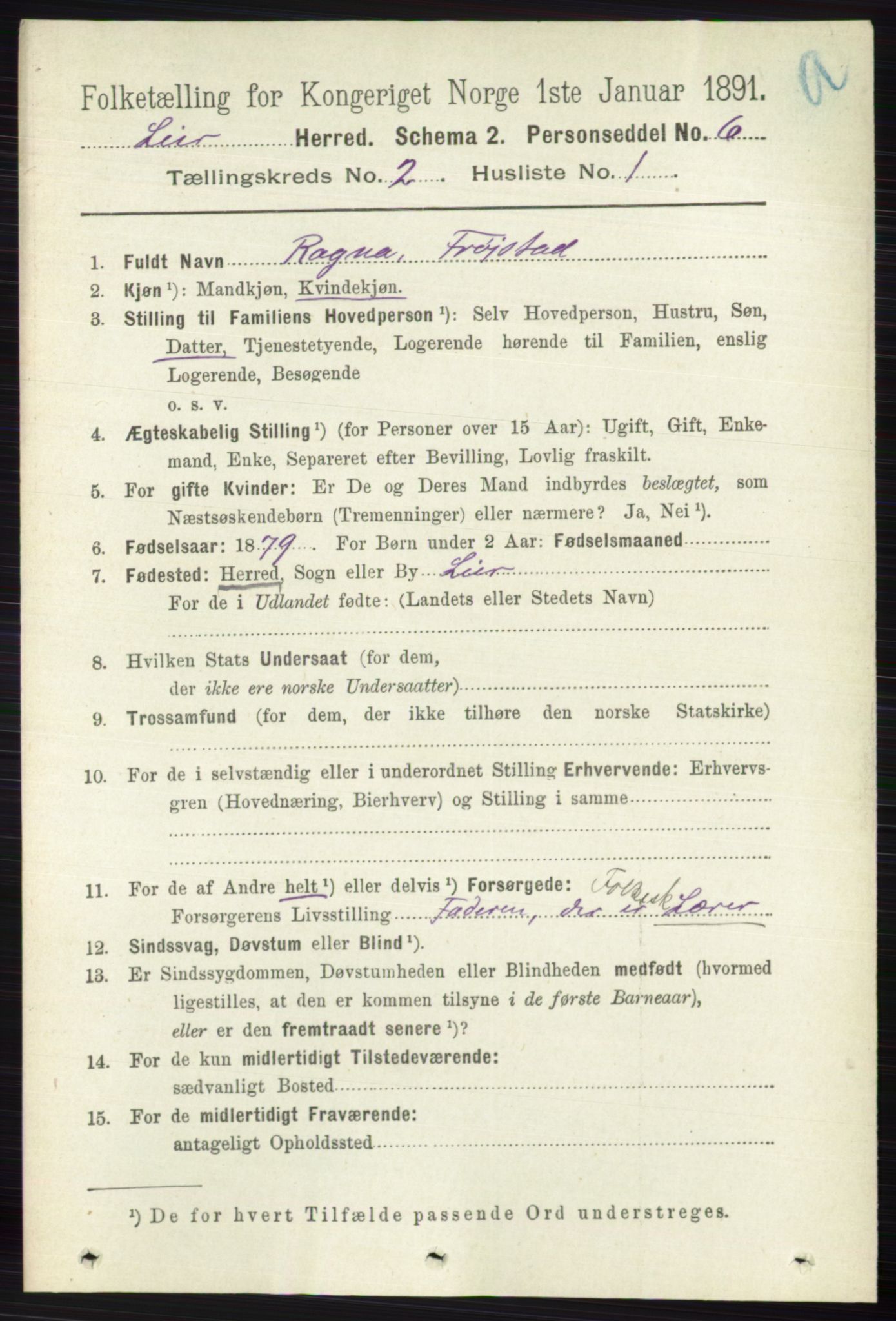 RA, 1891 census for 0626 Lier, 1891, p. 1581