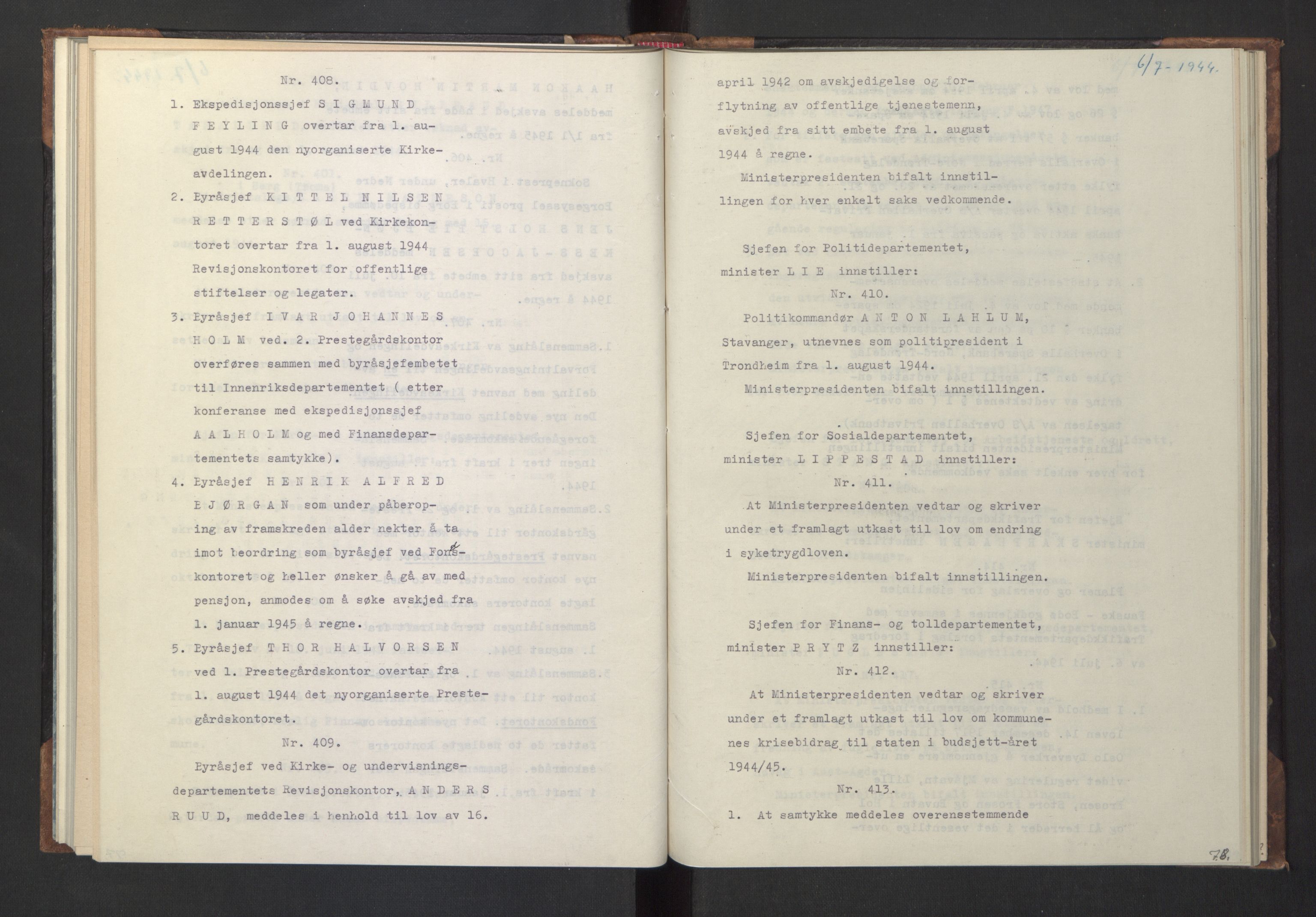 NS-administrasjonen 1940-1945 (Statsrådsekretariatet, de kommisariske statsråder mm), AV/RA-S-4279/D/Da/L0005: Protokoll fra ministermøter, 1944, p. 80