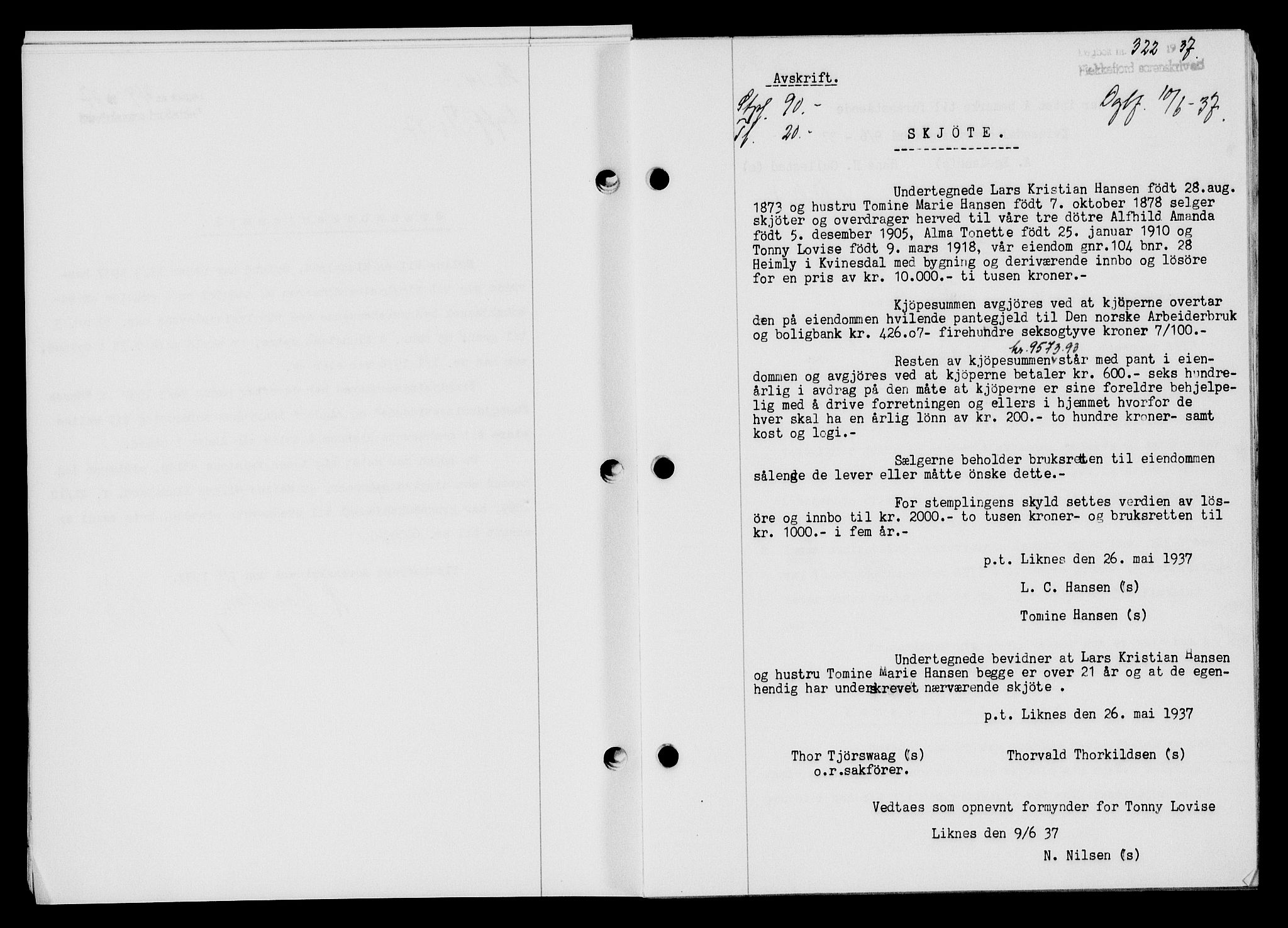 Flekkefjord sorenskriveri, SAK/1221-0001/G/Gb/Gba/L0053: Mortgage book no. A-1, 1936-1937, Diary no: : 322/1937
